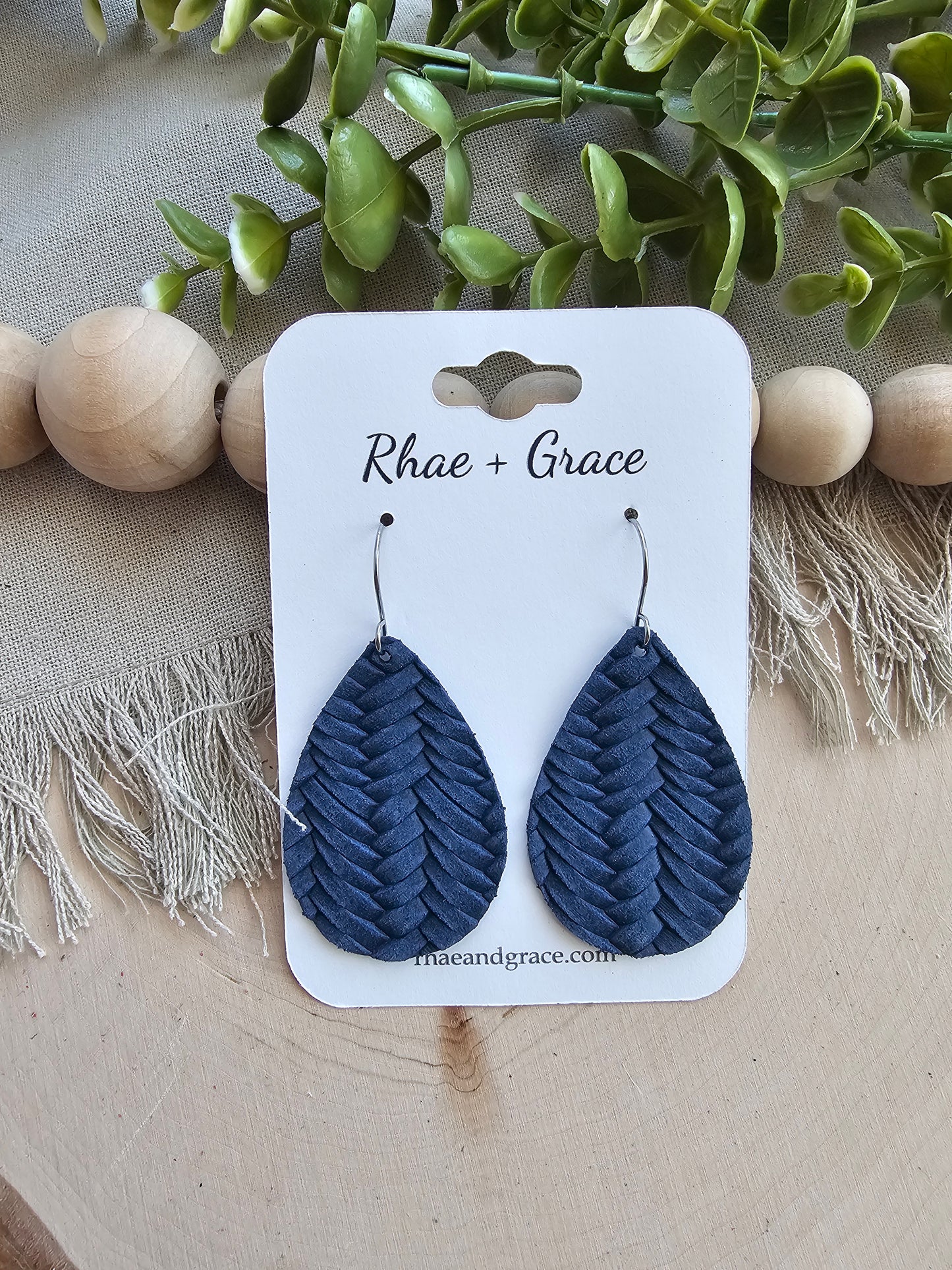 Navy Blue Braided Teardrop Earrings - Medium