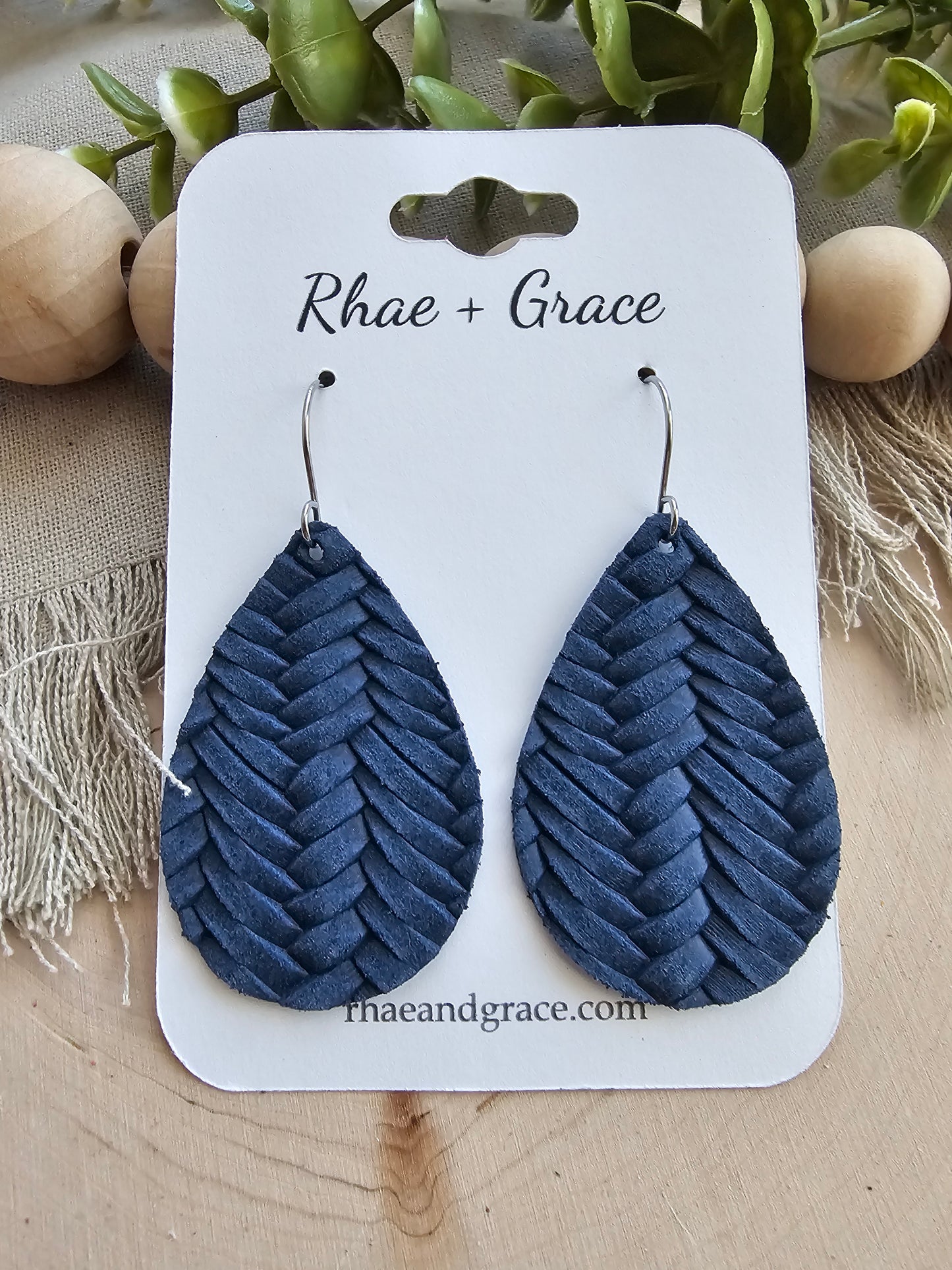 Navy Blue Braided Teardrop Earrings - Medium