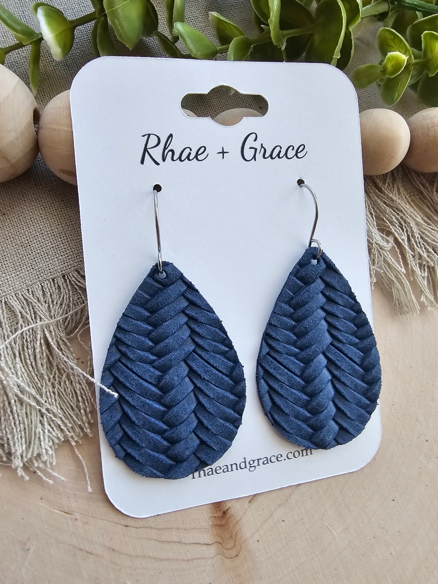 Navy Blue Braided Teardrop Earrings - Medium