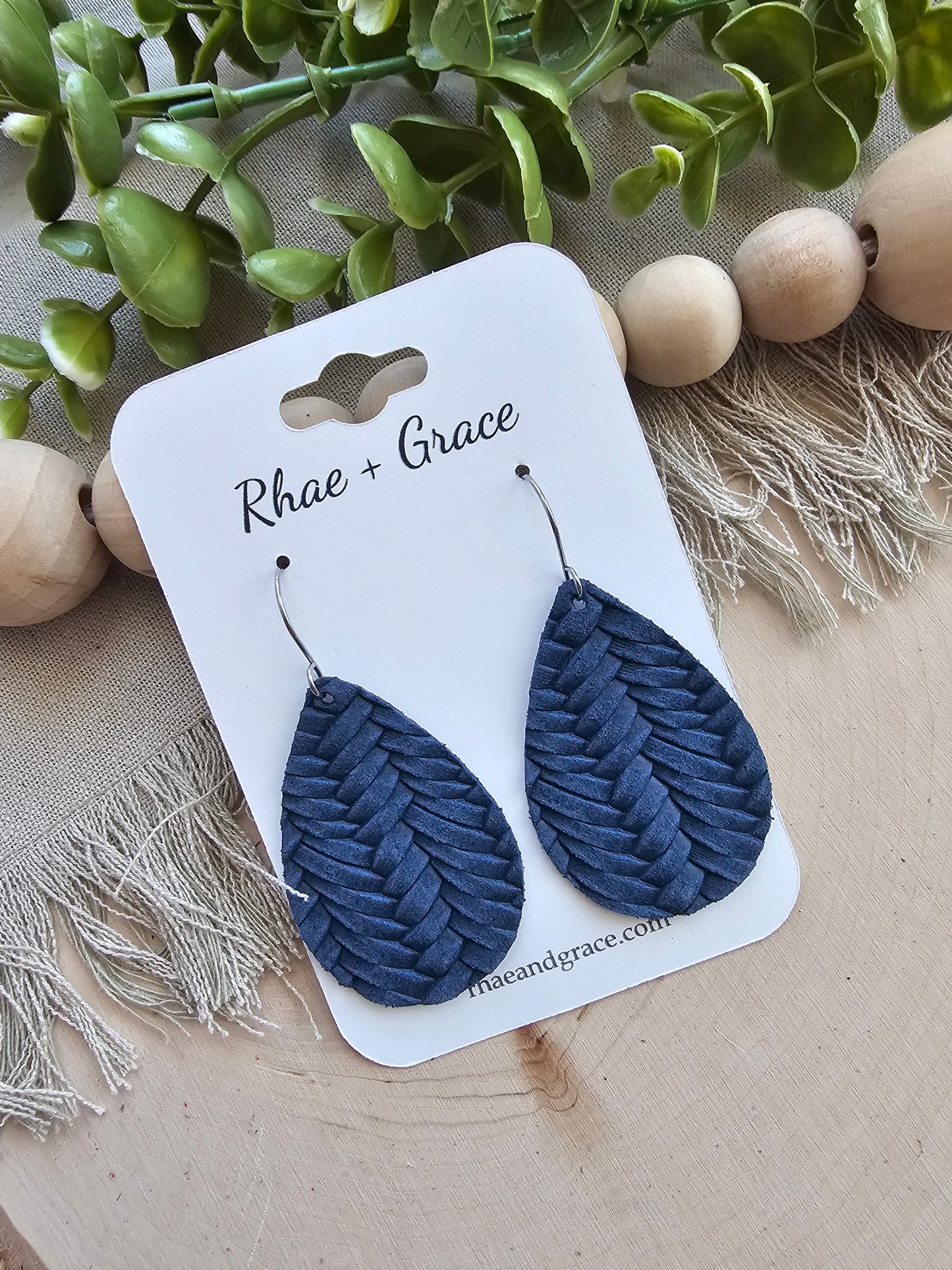 Navy Blue Braided Teardrop Earrings - Medium