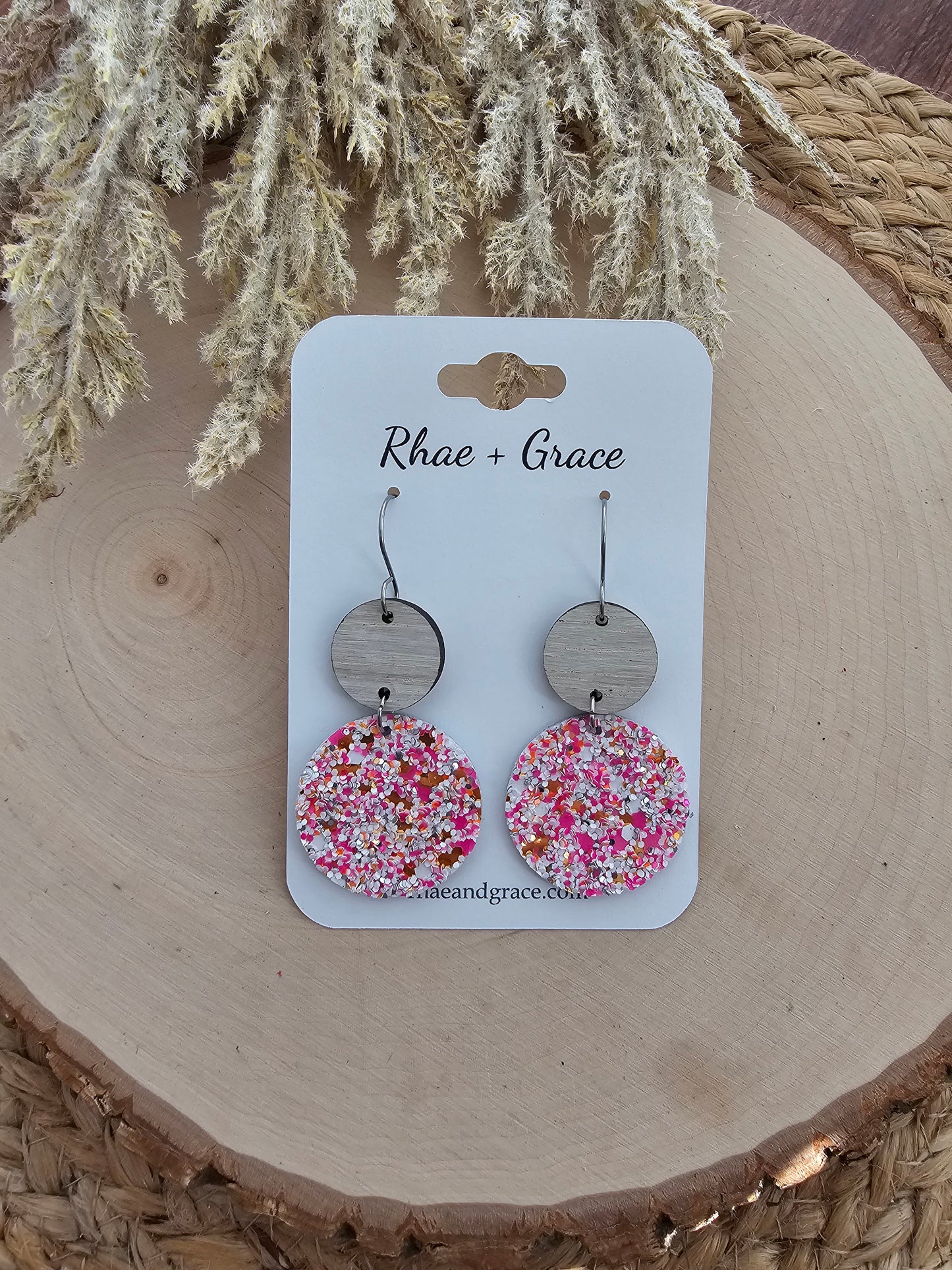 Pink & White Speckled Circle Drop Earrings