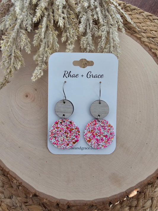 Pink & White Speckled Circle Drop Earrings