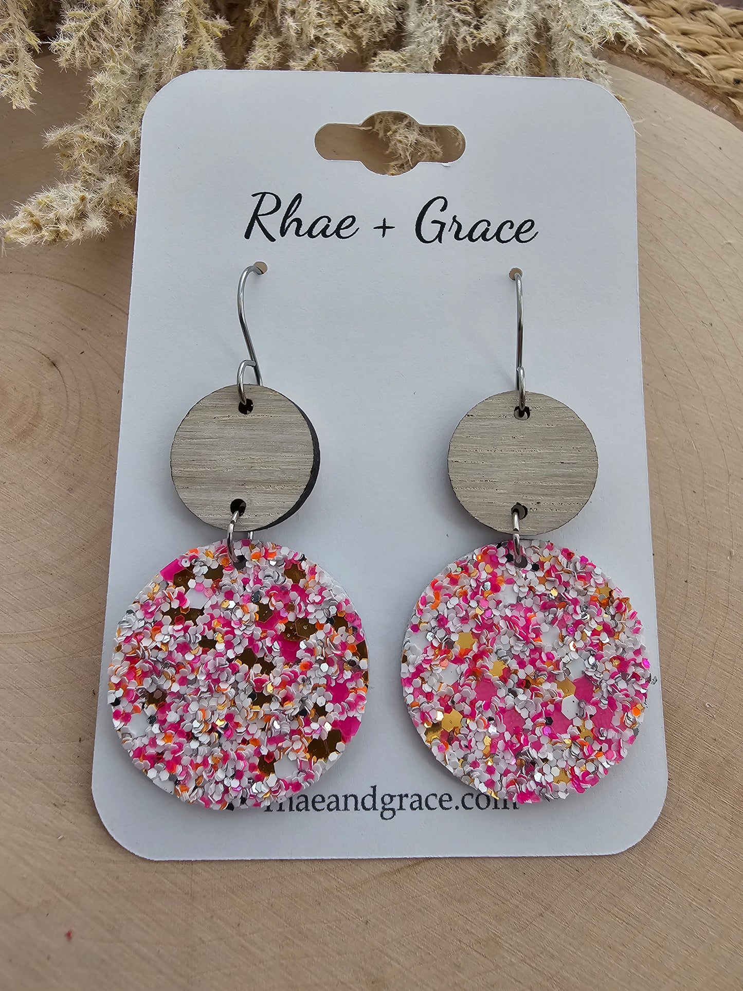 Pink & White Speckled Circle Drop Earrings