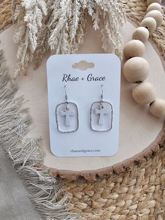 White & Silver Dainty Cross Earrings