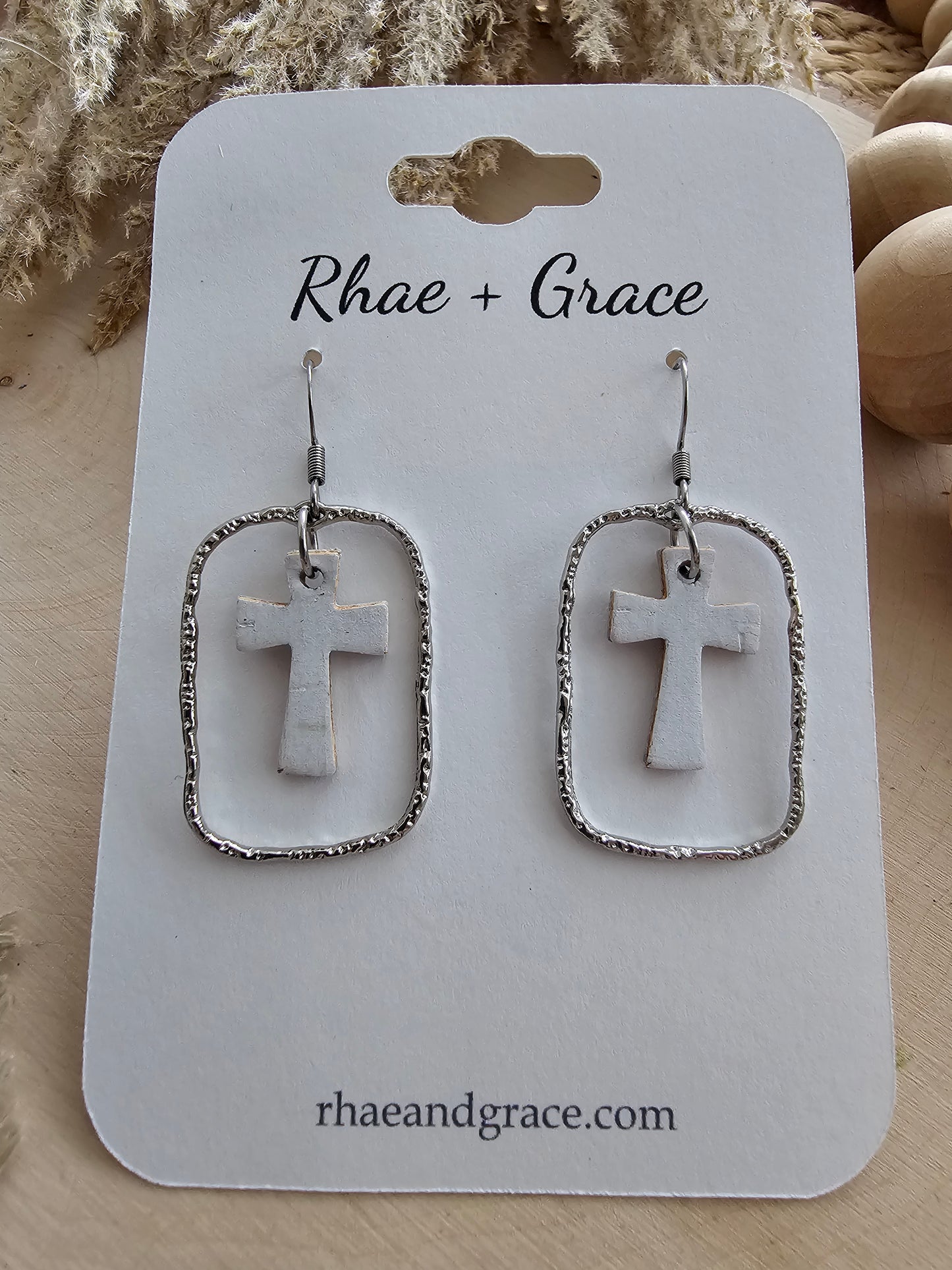 White & Silver Dainty Cross Earrings