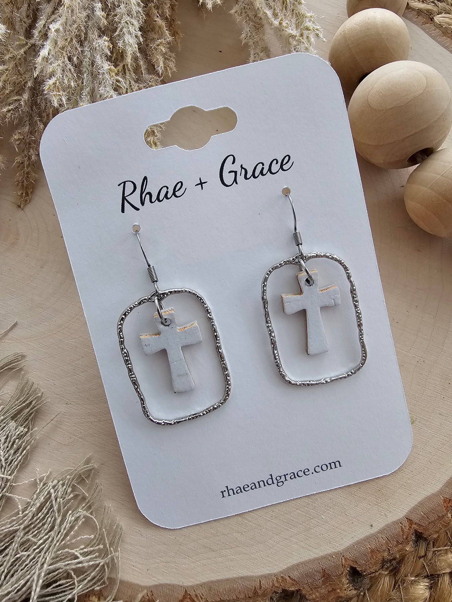 White & Silver Dainty Cross Earrings