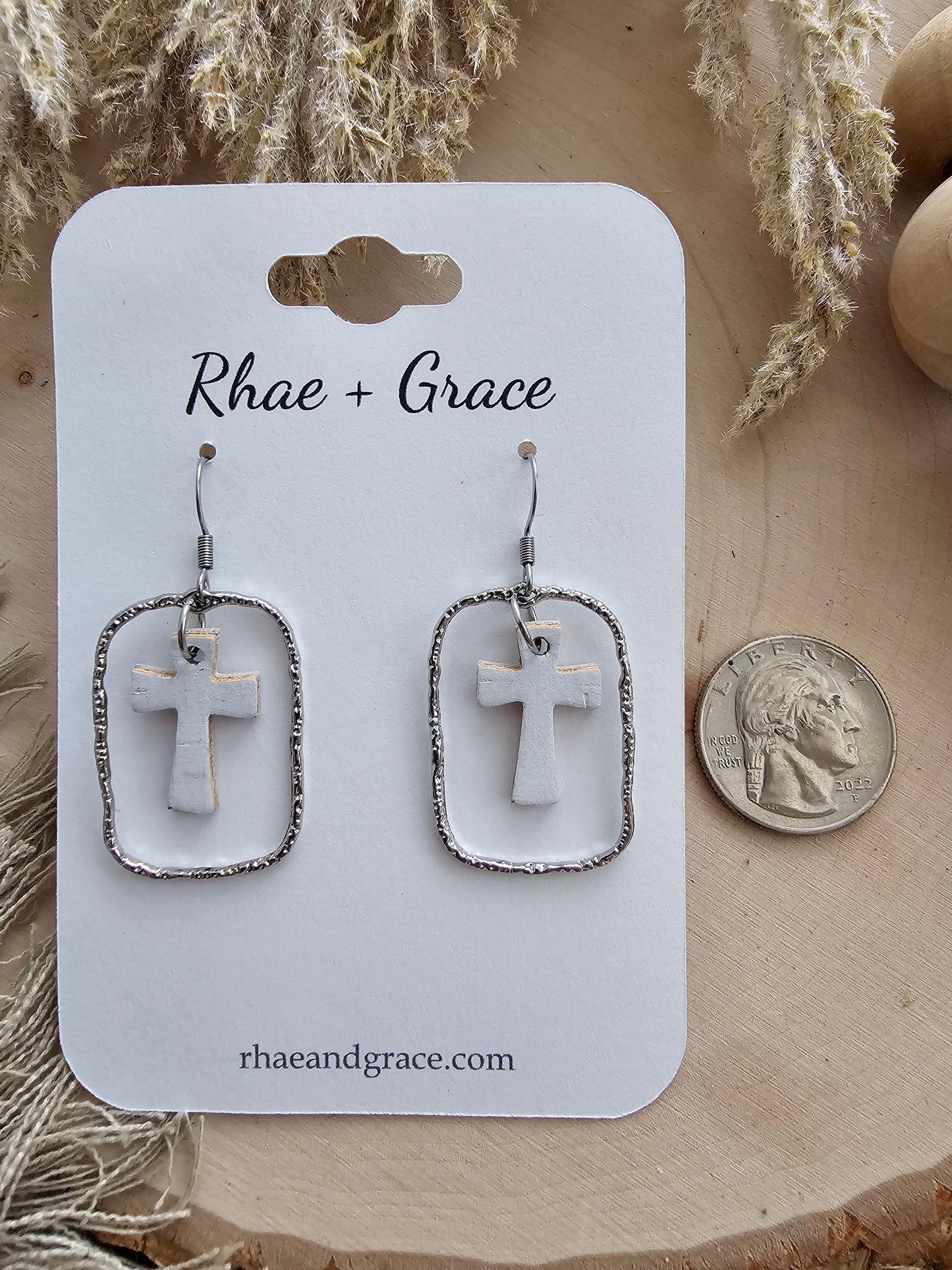 White & Silver Dainty Cross Earrings