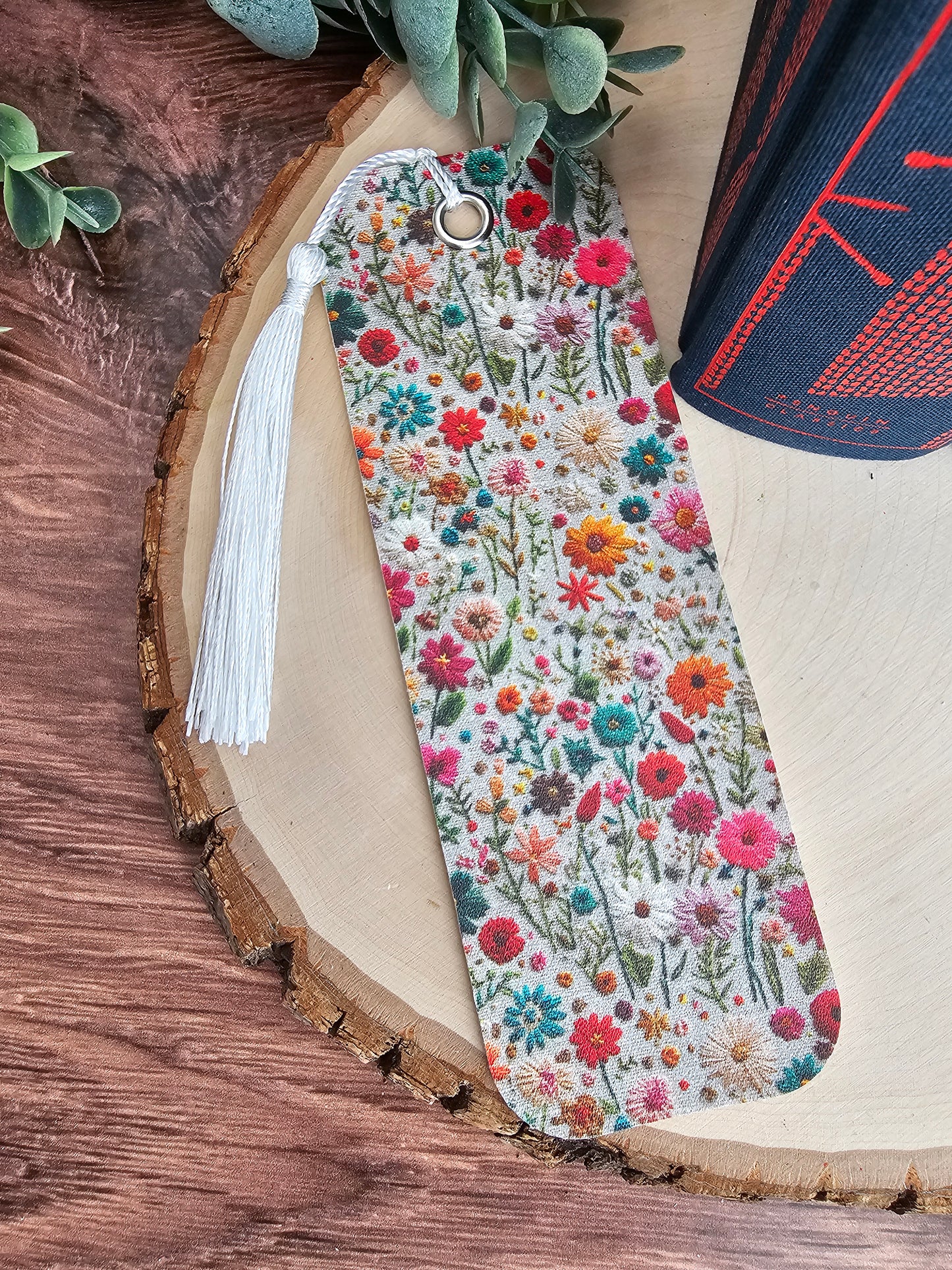 Jewel Tone Floral Embroidery Faux Leather Bookmark