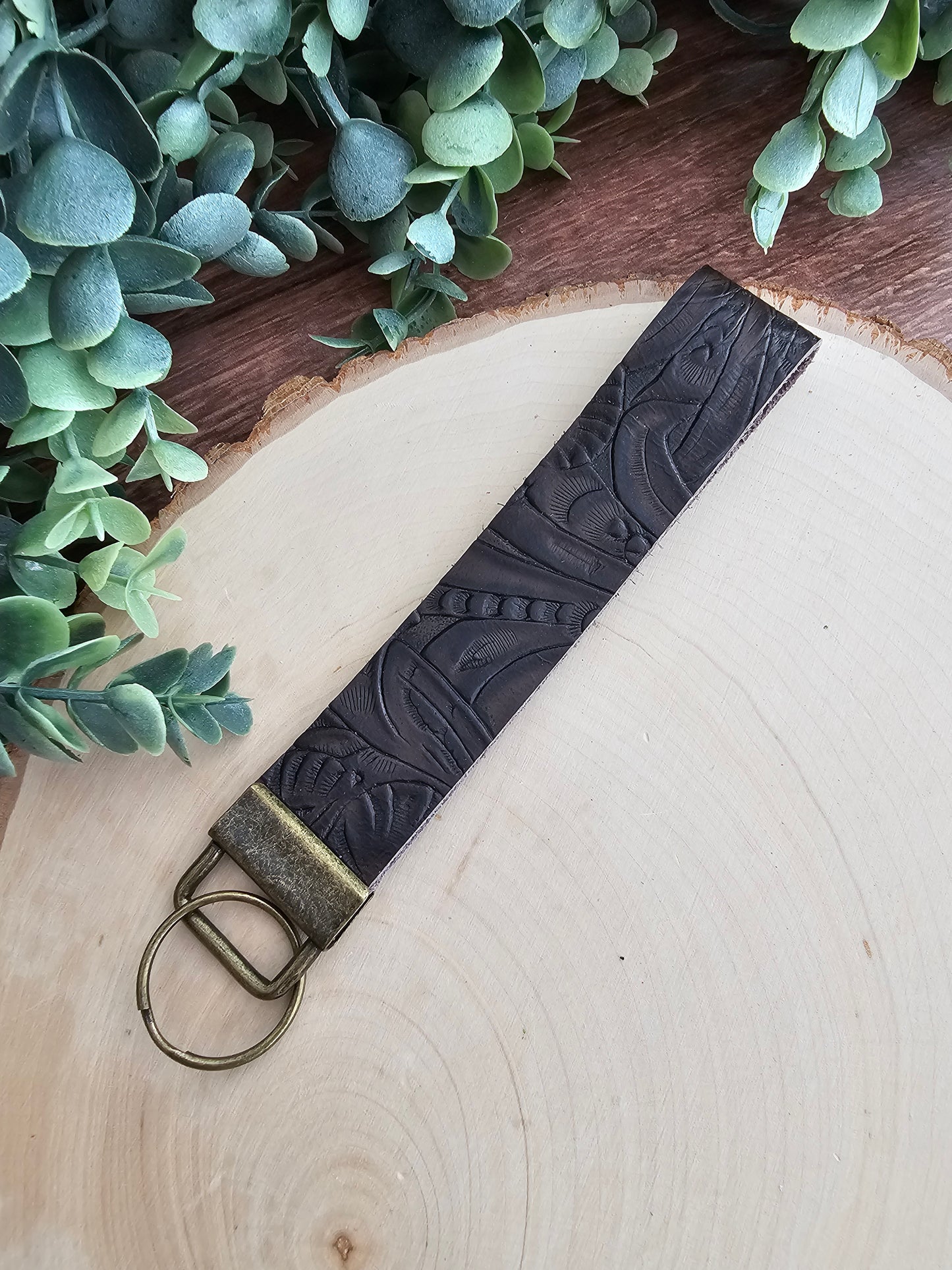 Chocolate Tooled Wristlet Keychain/Key Fob