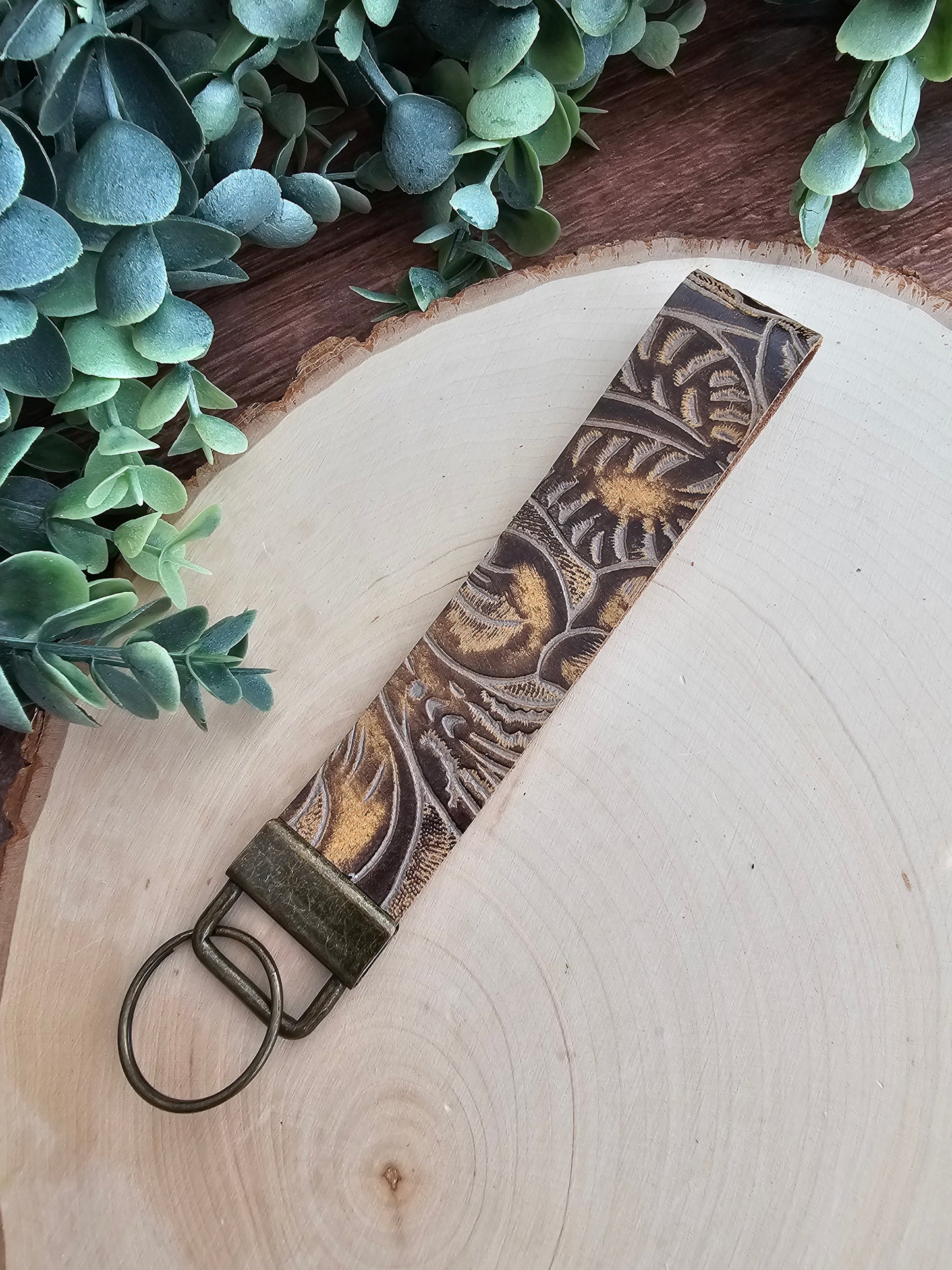 Toasted Caramel Tooled Wristlet Keychain/Key Fob