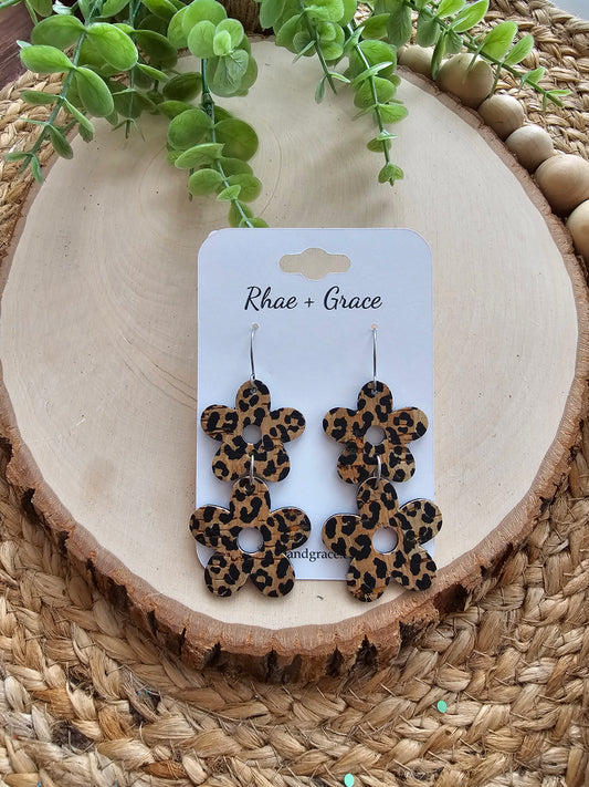 Leopard Print Stacked Flower Earrings