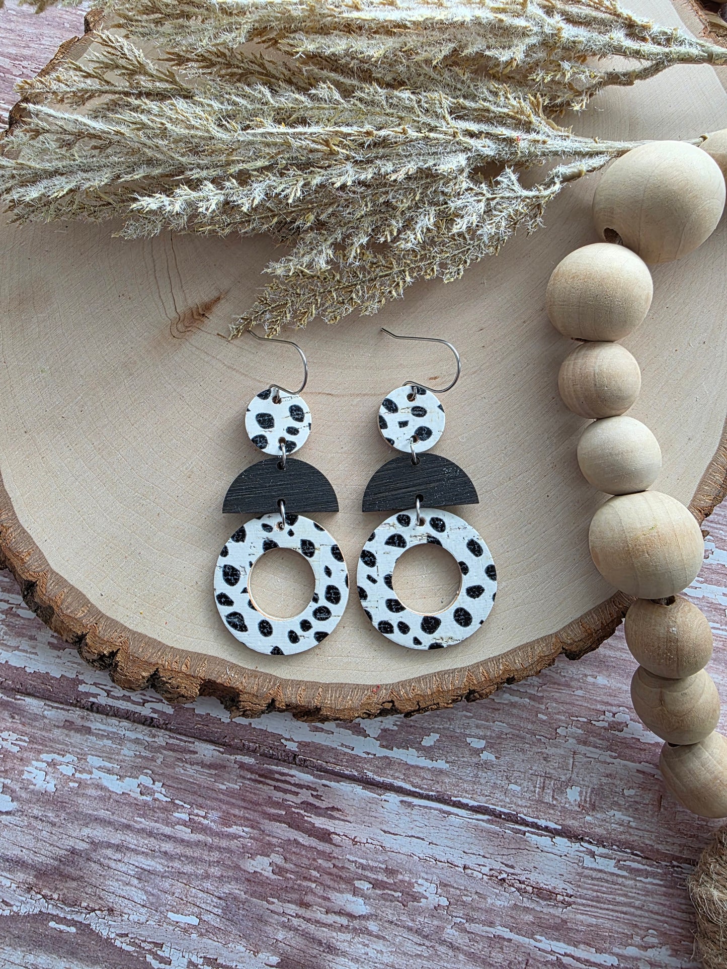 Black & White Spotted Geometric Circle Stacked Earrings