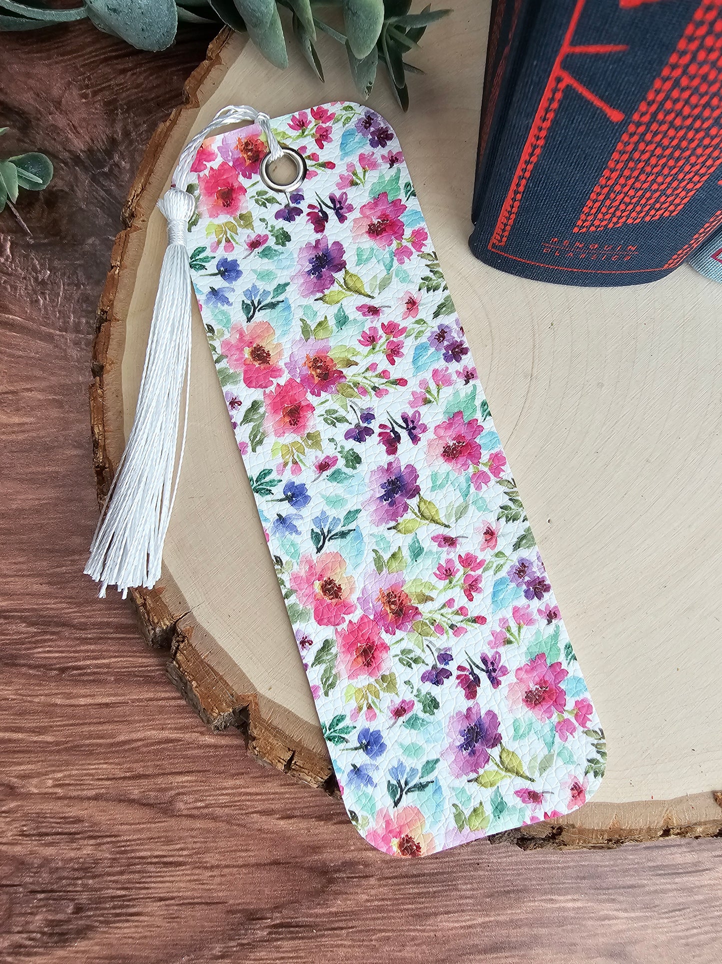 Watercolor Floral Faux Leather Bookmark