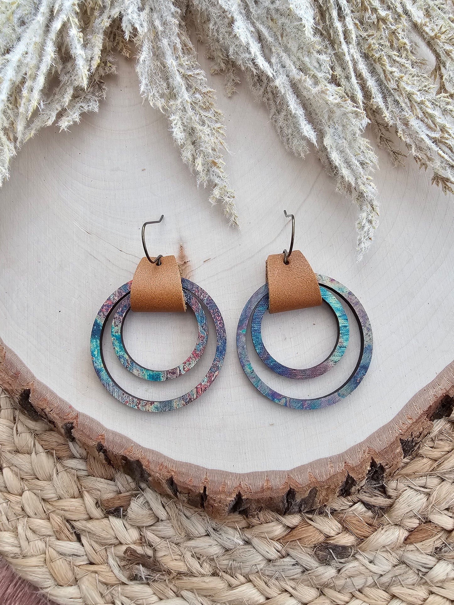 Rustic Leather & Wood Hoop Earrings