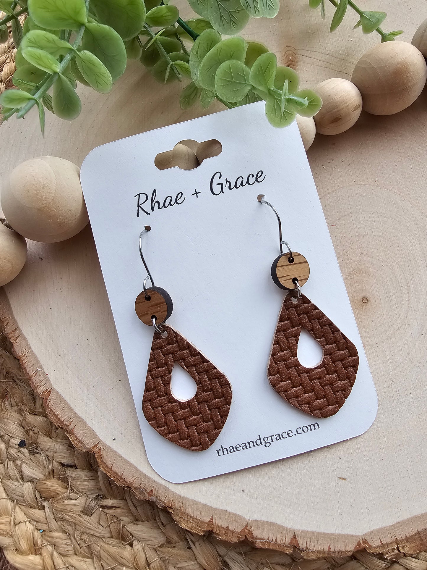 Russet Brown Basket Weave Open Drop Earrings