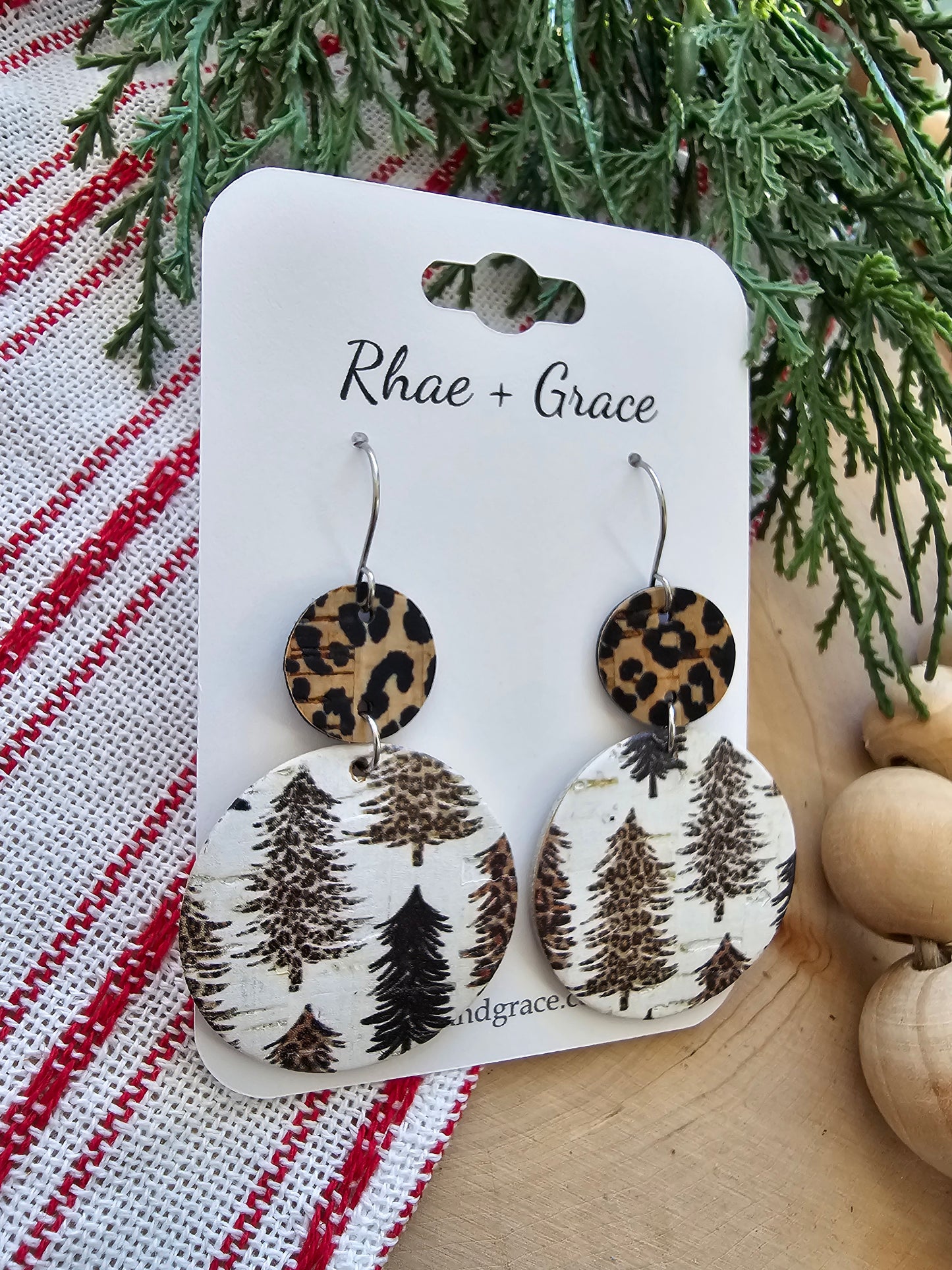 Leopard Print Christmas Tree Circle Drop Earrings