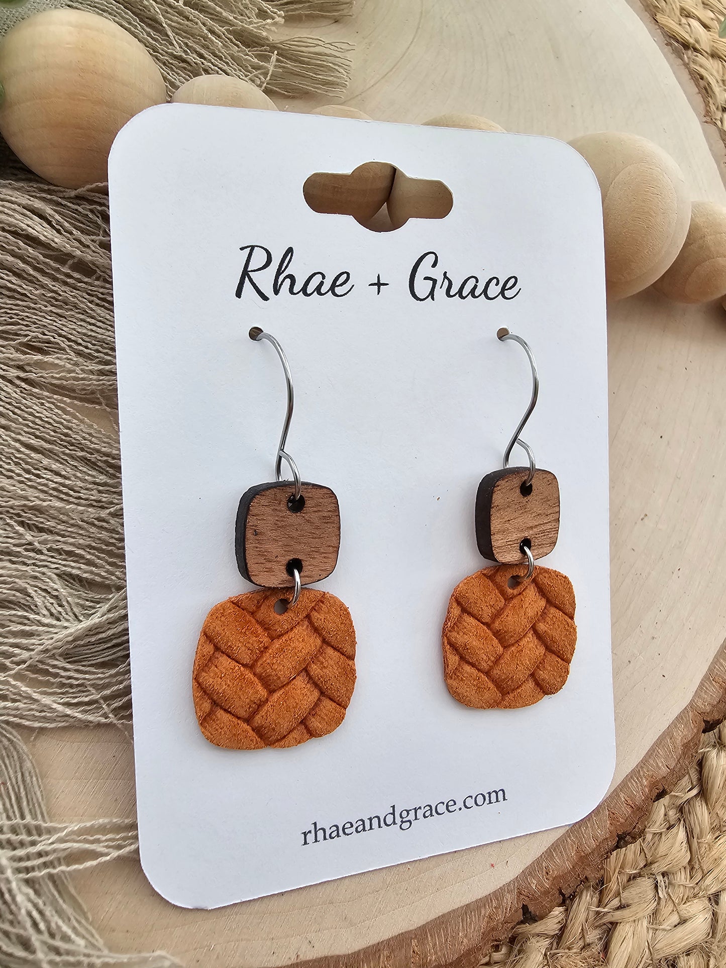 Ginger Orange Embossed Braid Rounded Square Earrings