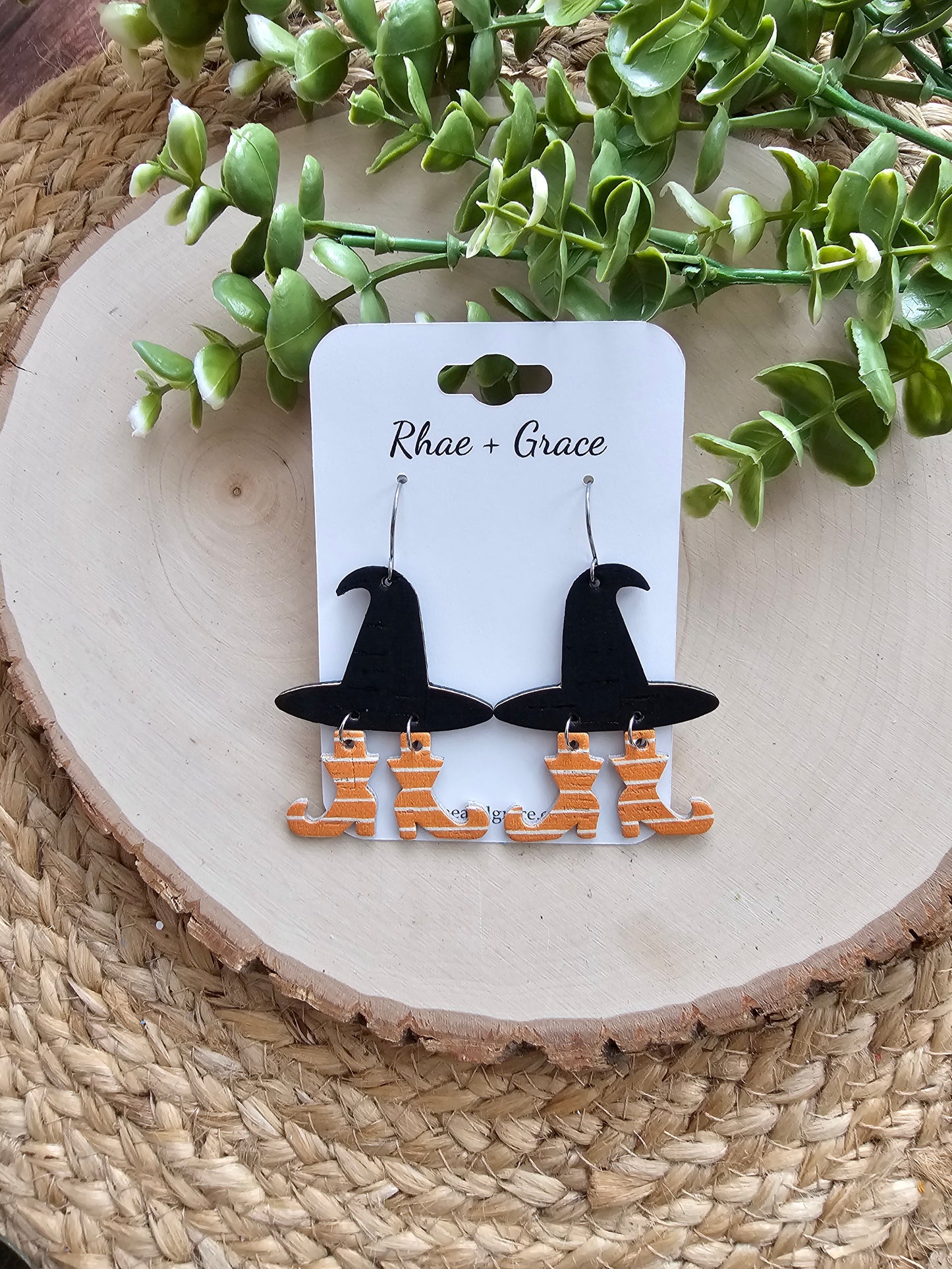 Witch Hat Orange & White Striped Boots Earrings