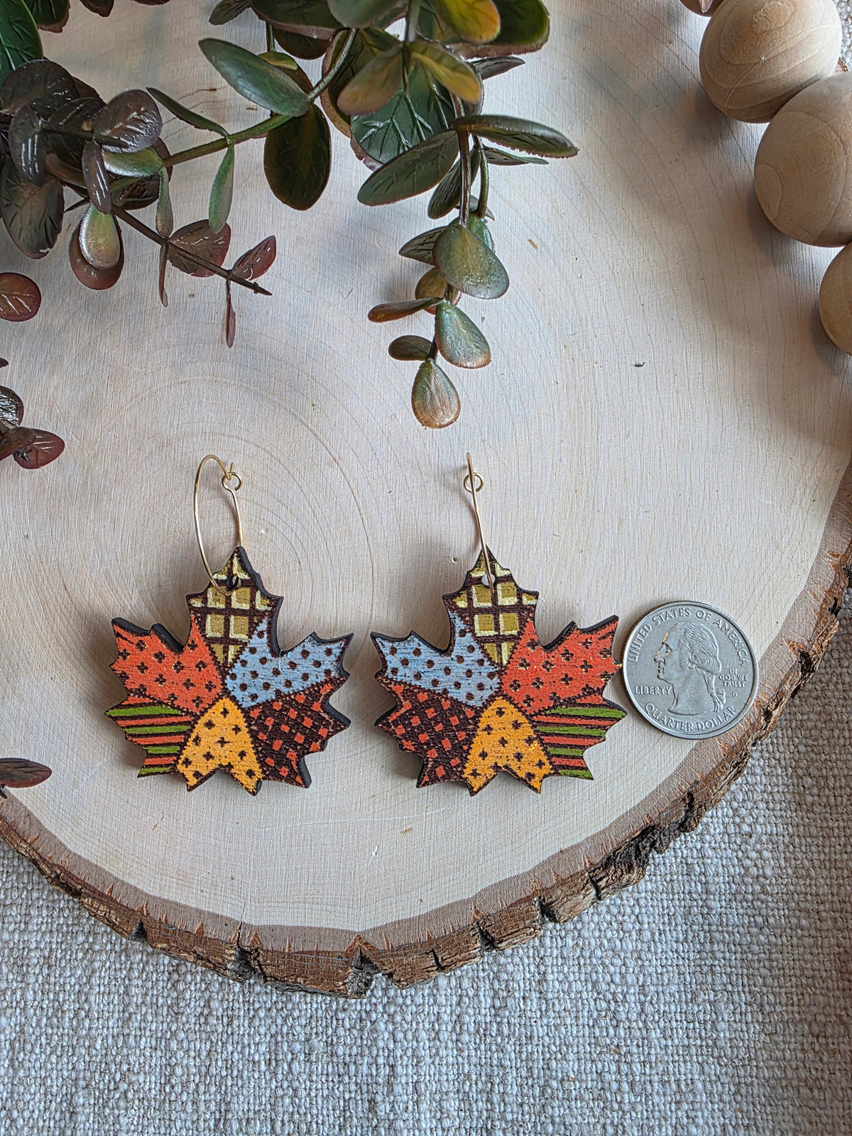 Patchwork Maple Leaf Wood Earrings - Orange