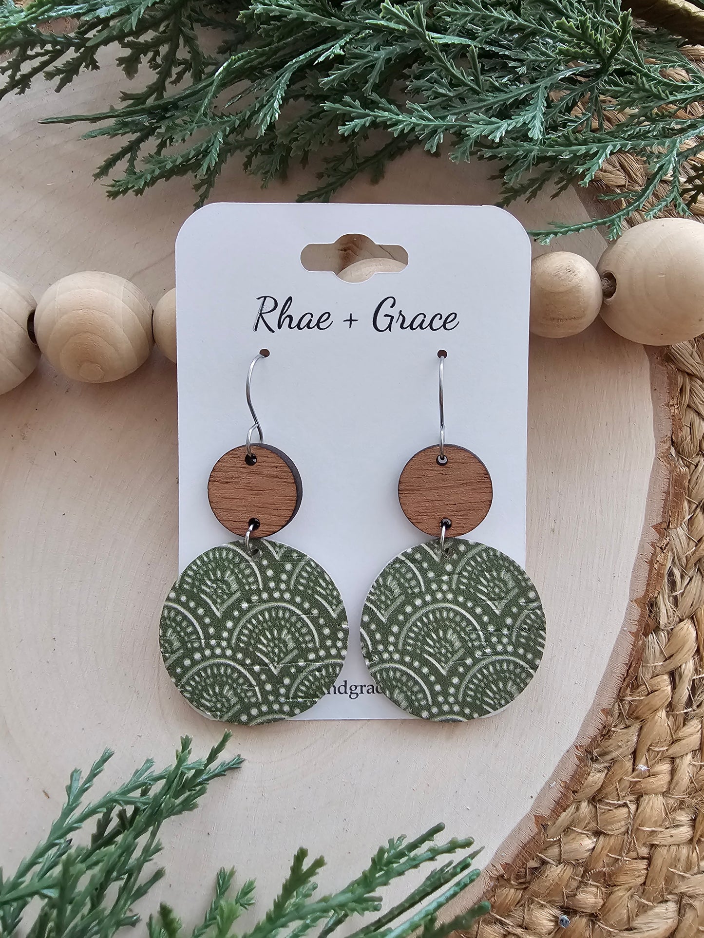 Kale Green Boho Arches Large Circle Drop Earrings