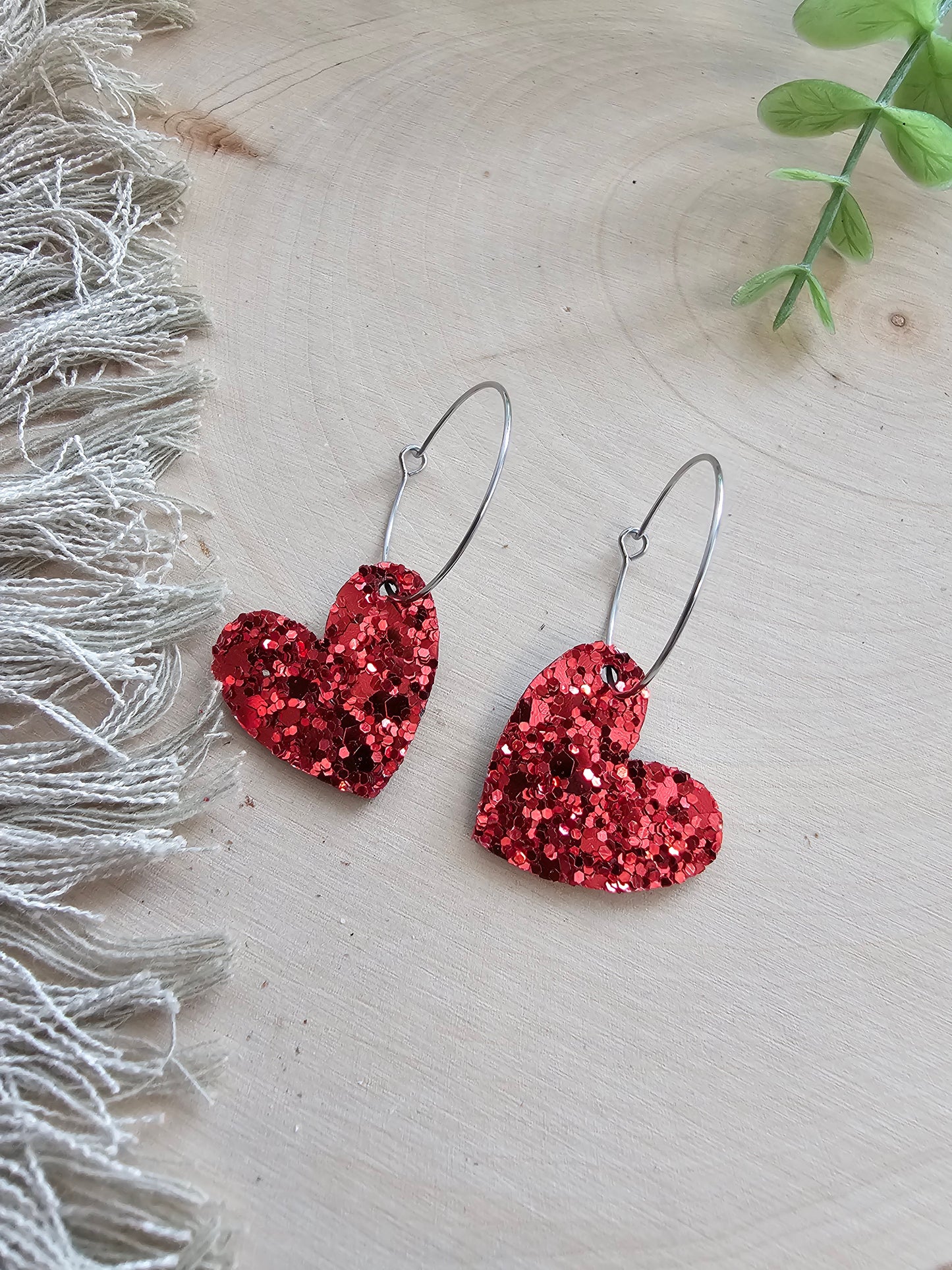 Red Glitter Small Heart Hoop Earrings