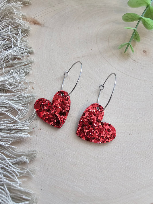 Red Glitter Small Heart Hoop Earrings