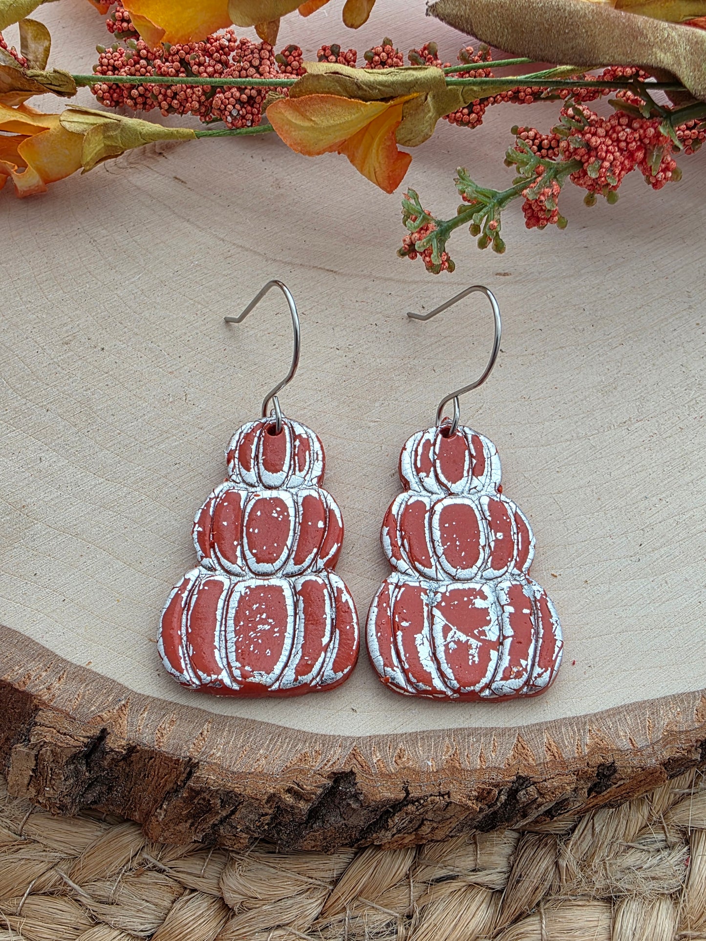 Orange & Silver Stacked Pumpkin Earrings - Polymer Clay