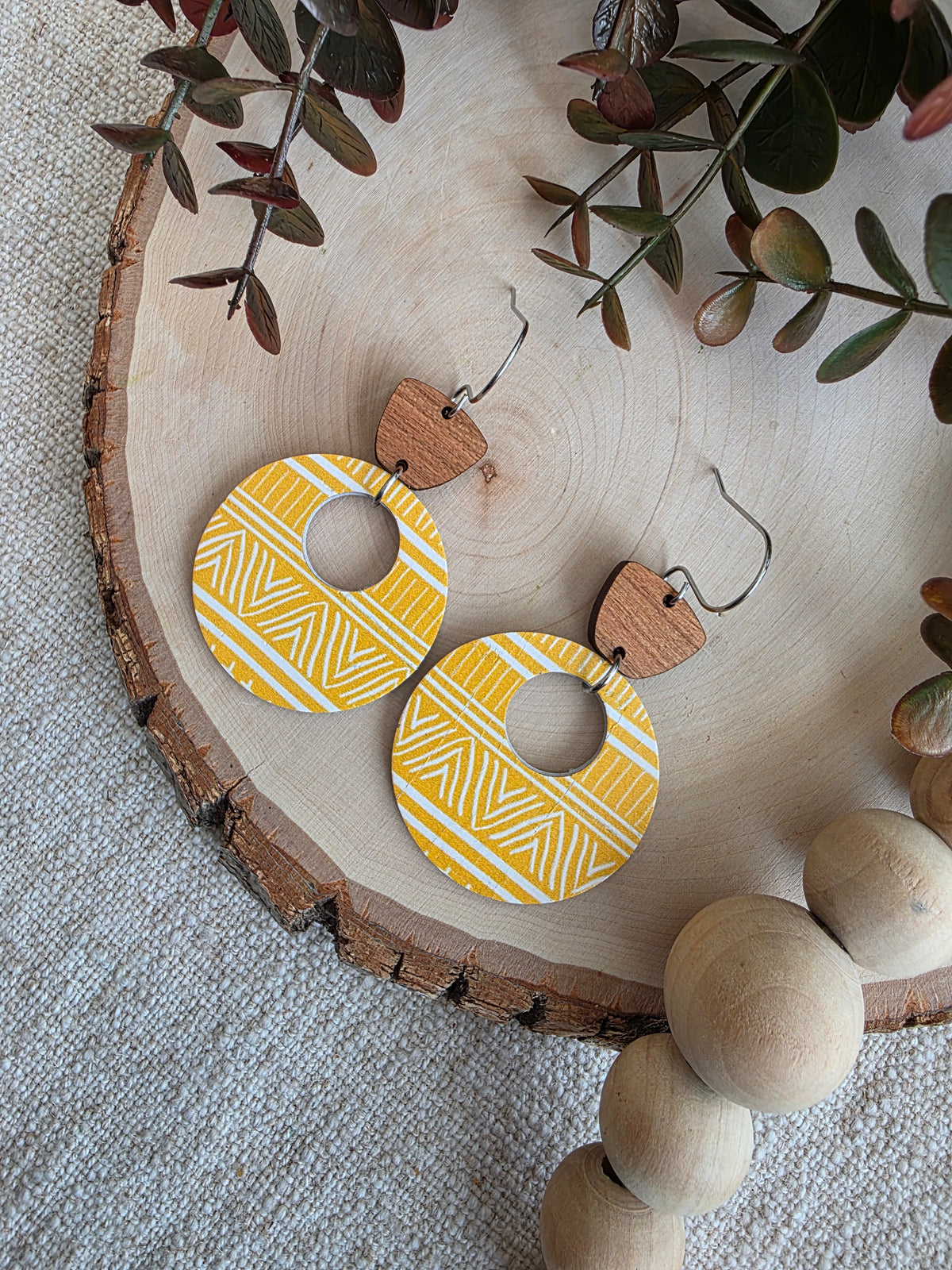 Yellow Mudcloth Circle Cutout Earrings