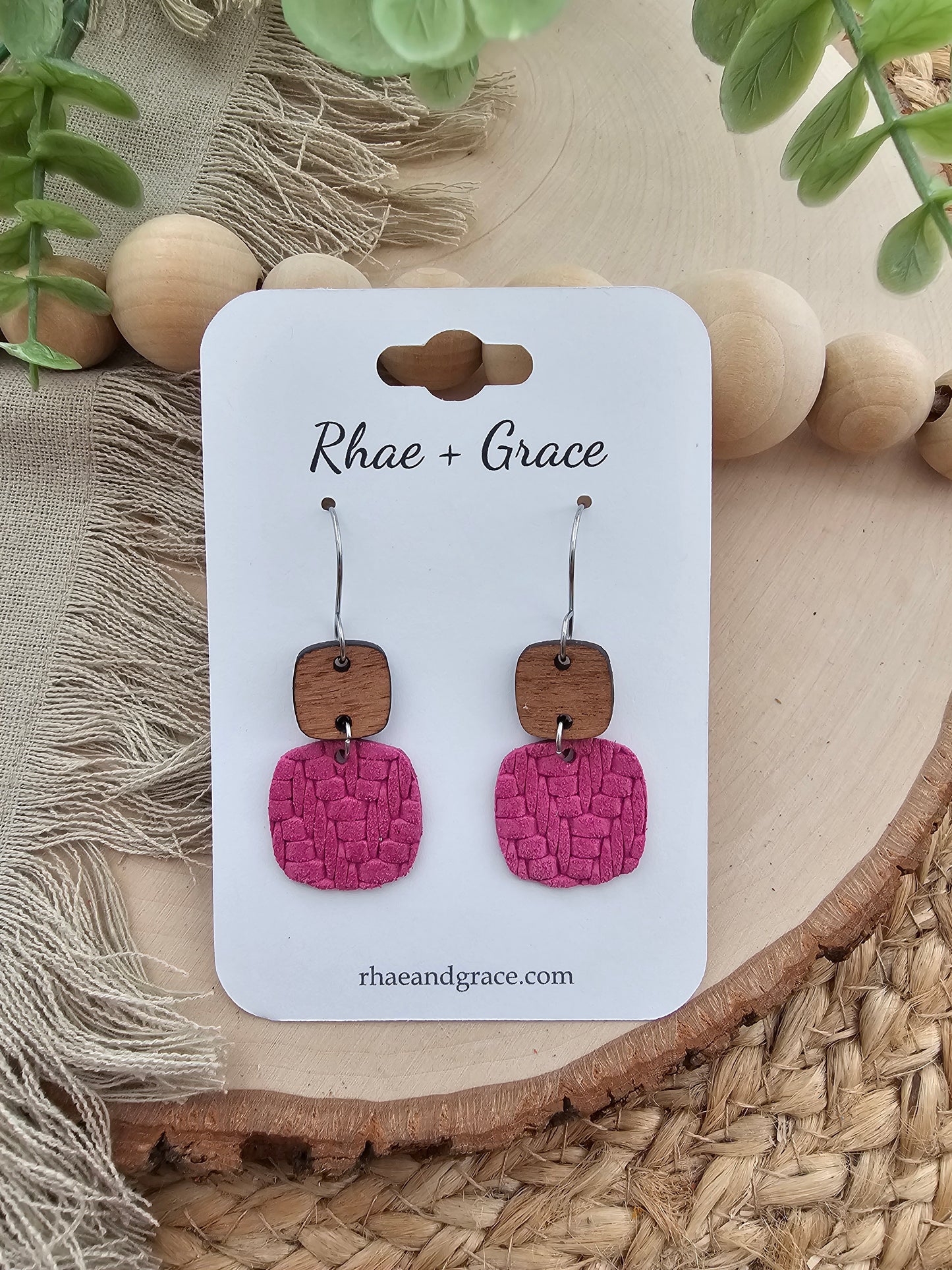 Hot Pink Knit Embossed Braid Rounded Square Earrings