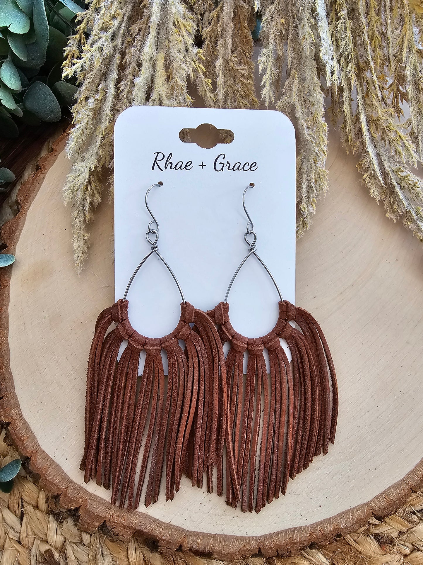 Brown Leather Fringe Statement Earrings