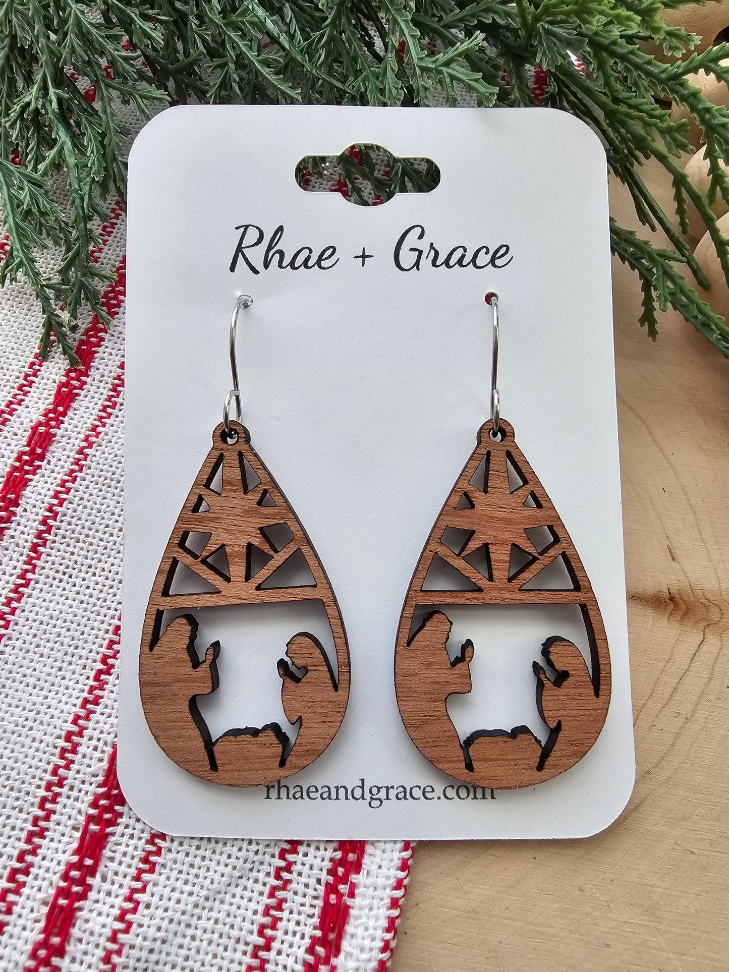 Nativity Silhouette Wood Teardrop Earrings