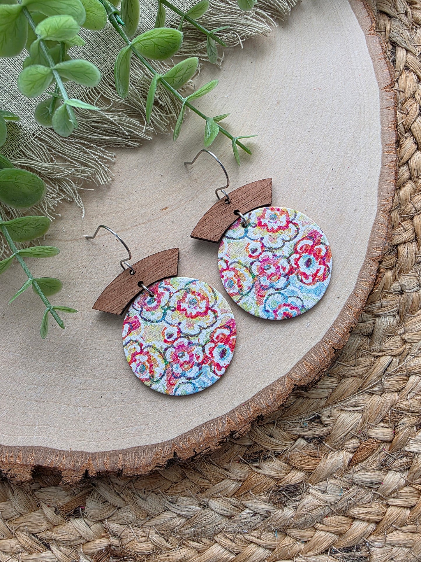 Colorful Sketched Floral Circle Earrings