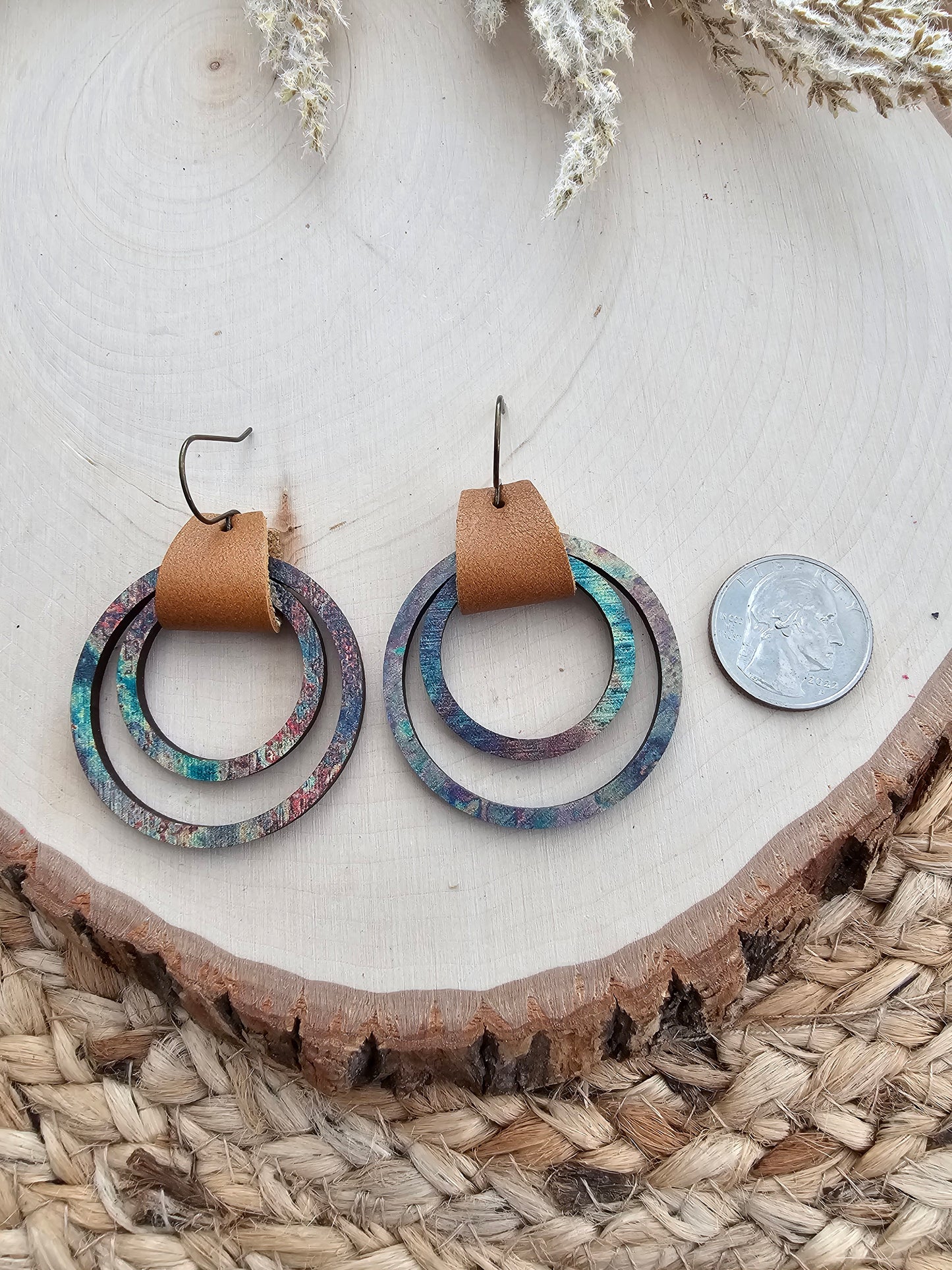 Rustic Leather & Wood Hoop Earrings