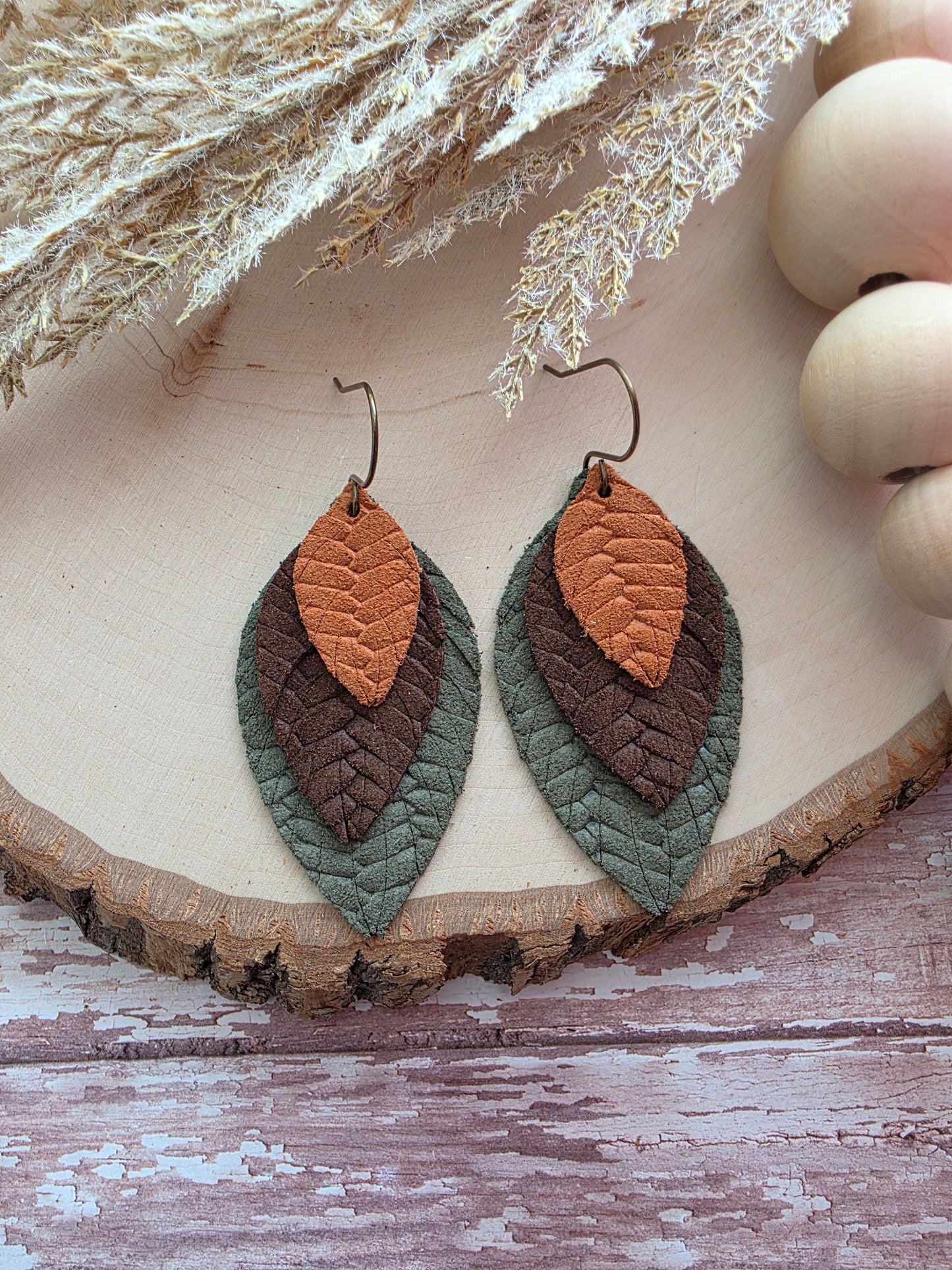 Green & Brown Layered Fringe Feather Earrings