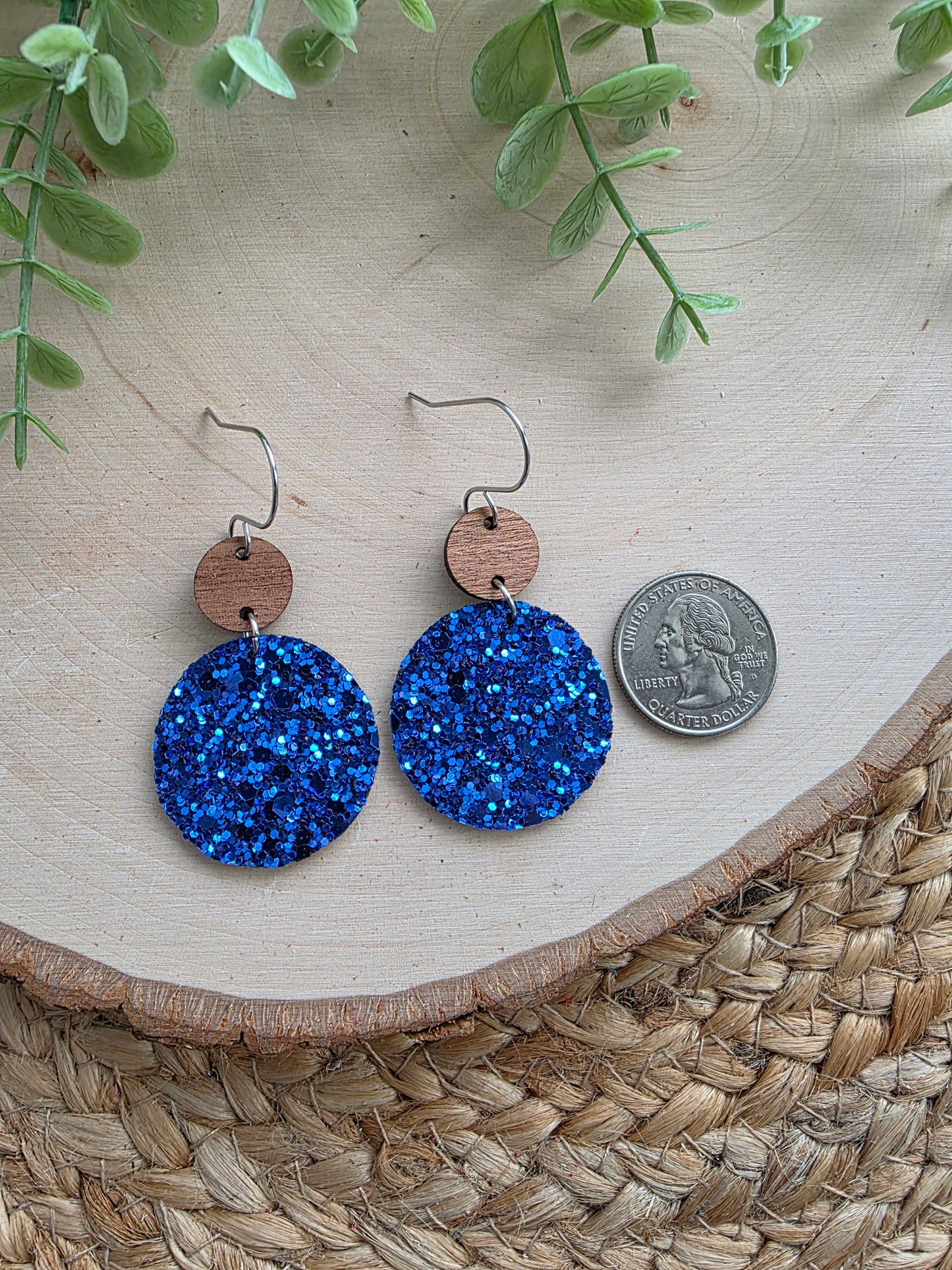 Royal Blue Glitter Circle Drop Earrings