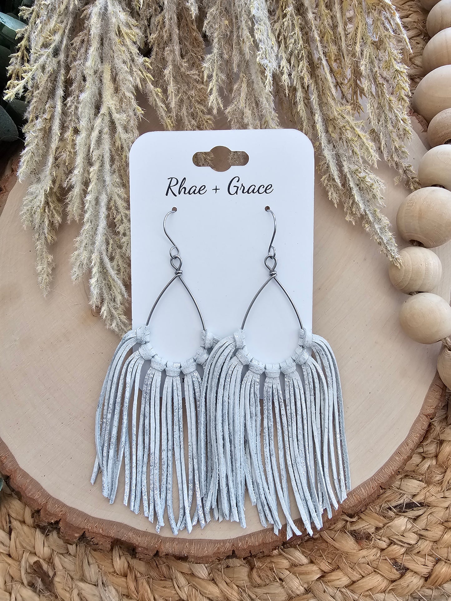 White & Silver Leather Fringe Statement Earrings