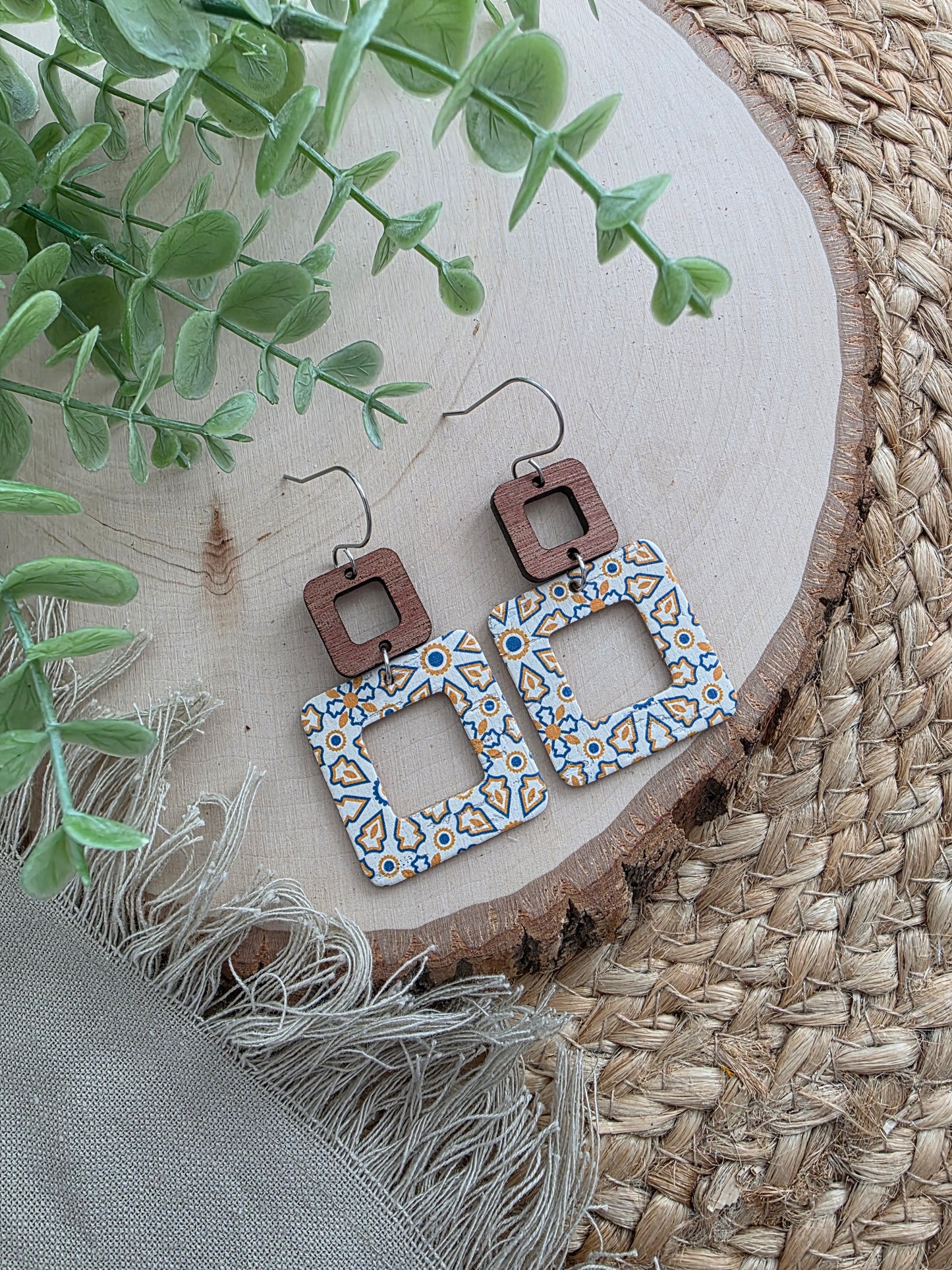 Blue & Yellow Moroccan Tile Rounded Square Cutout Earrings