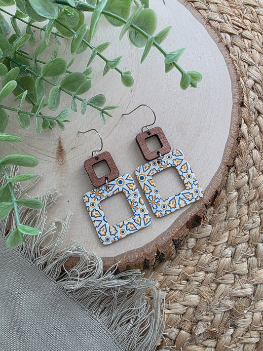 Blue & Yellow Moroccan Tile Rounded Square Cutout Earrings