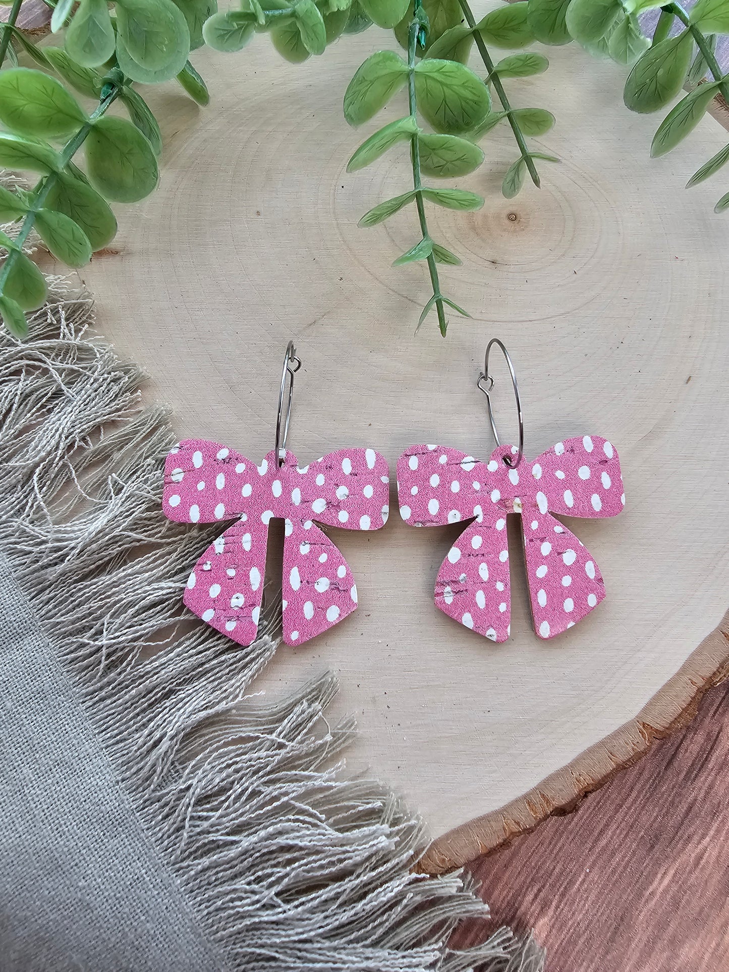 Pink & White Dotted Bow Earrings