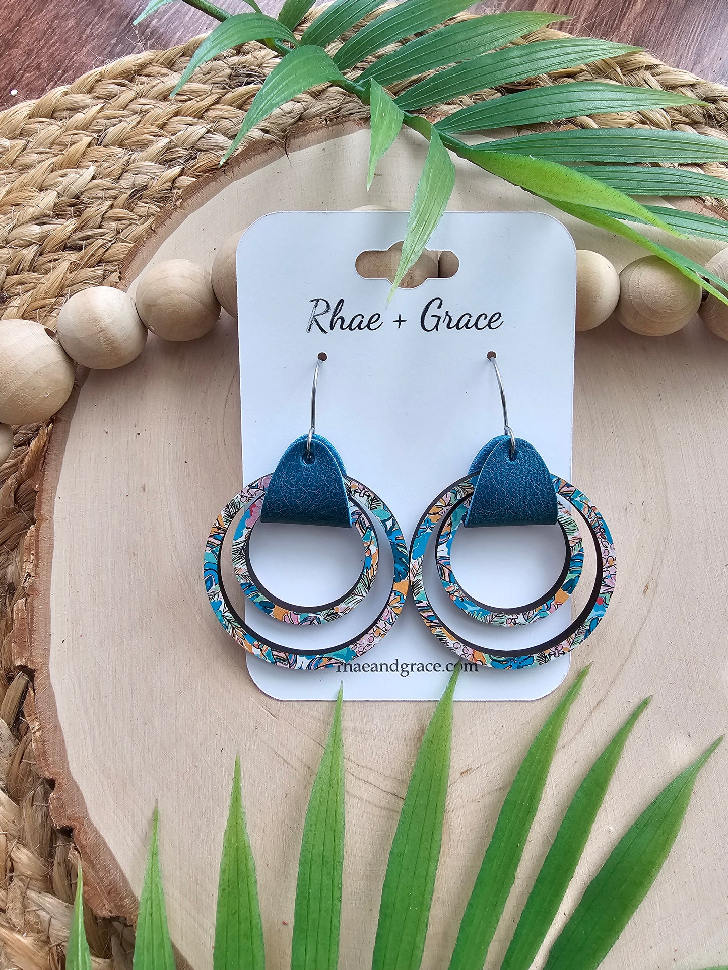 Tropical Leather & Wood Hoop Earrings