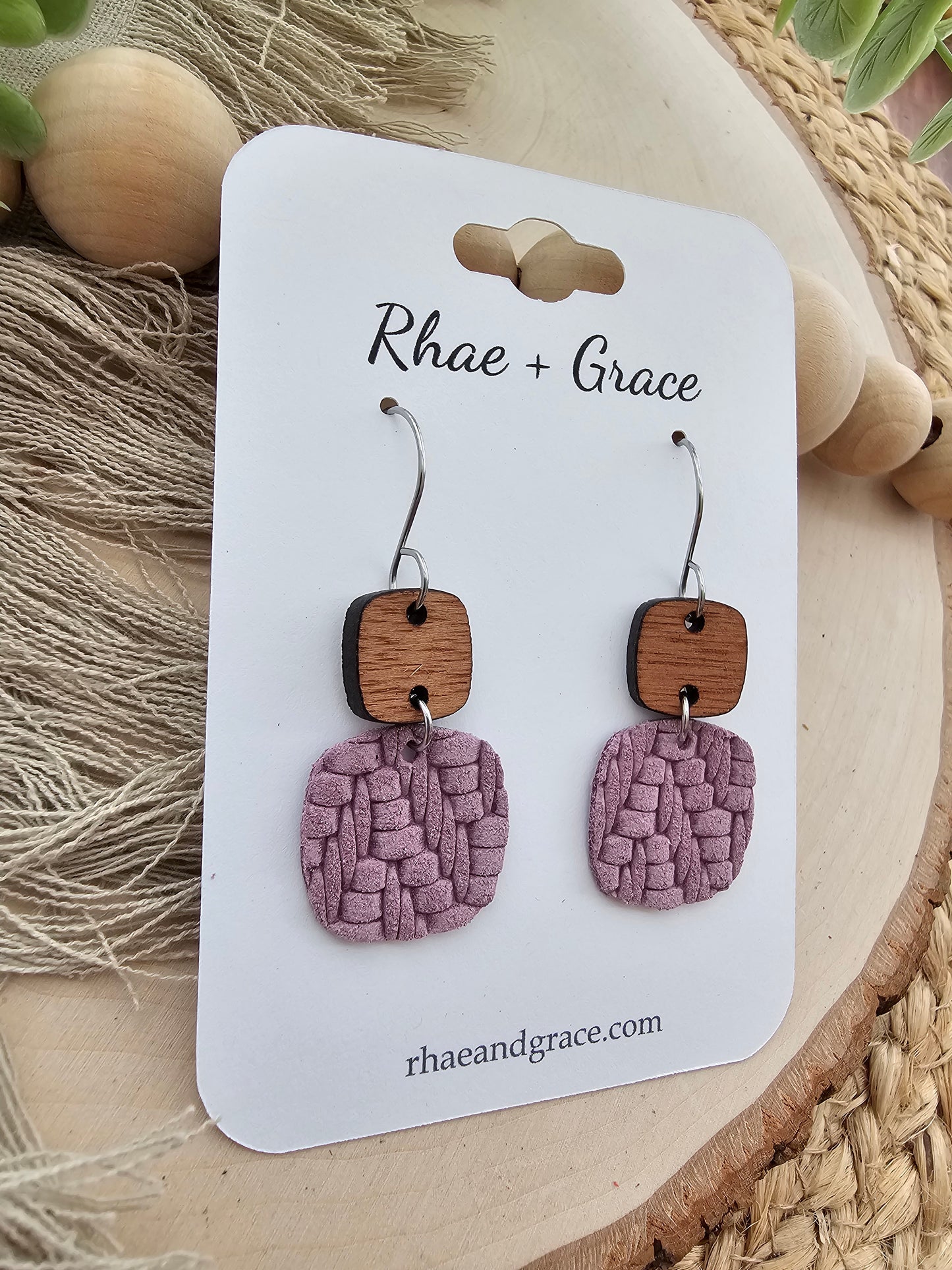 Lavender Purple Knit Embossed Braid Rounded Square Earrings