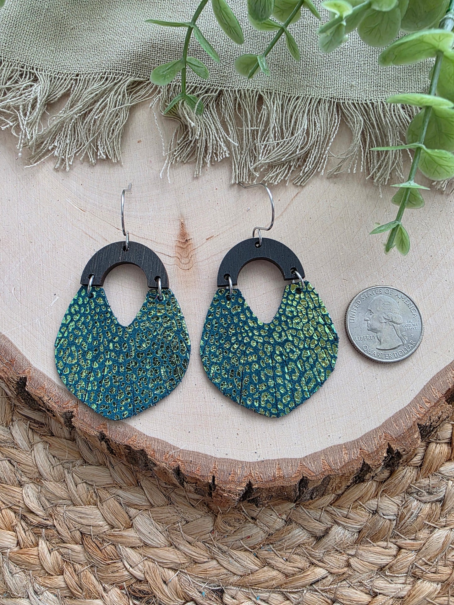 Metallic Teal Micro-Leopard Print Fringe Swoop Earrings