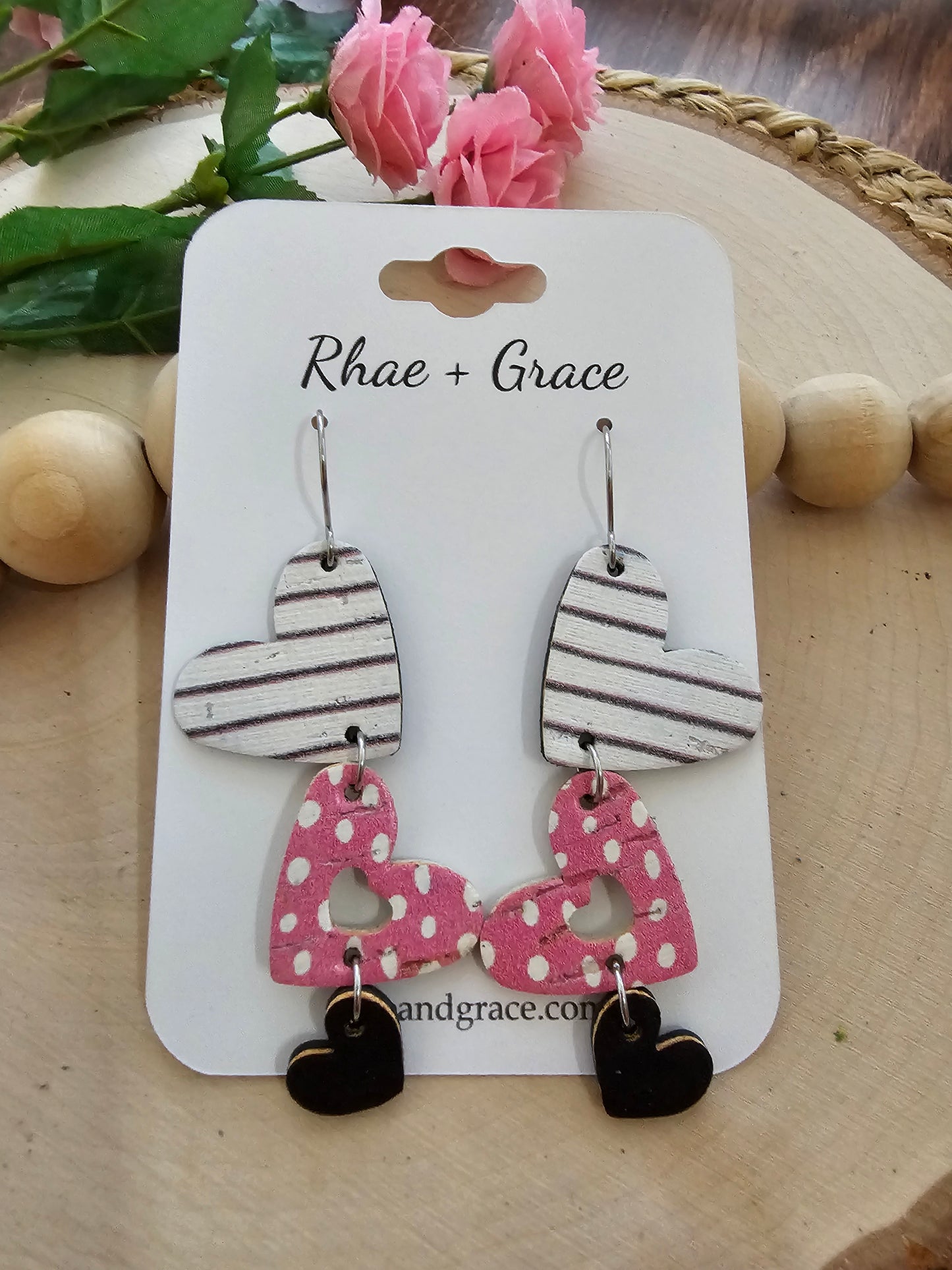 Pink Dot & Striped Cascading Heart Earrings