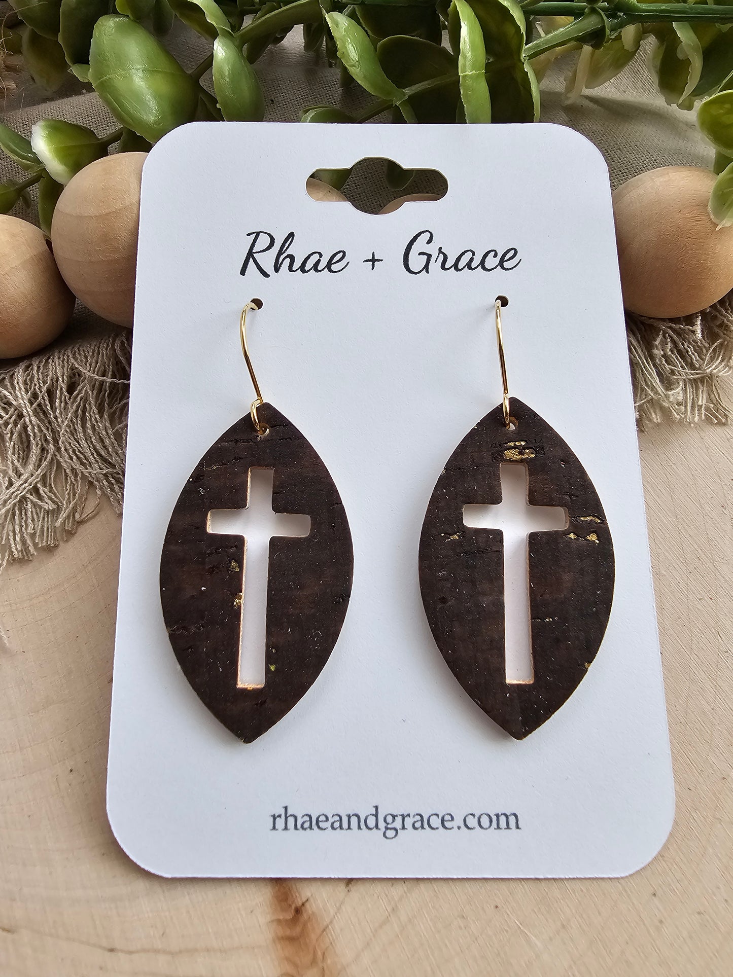 Brown & Gold Cross Cutout Leaf Earrings