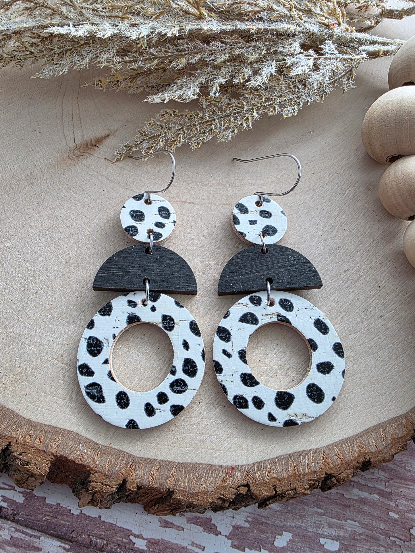 Black & White Spotted Geometric Circle Stacked Earrings