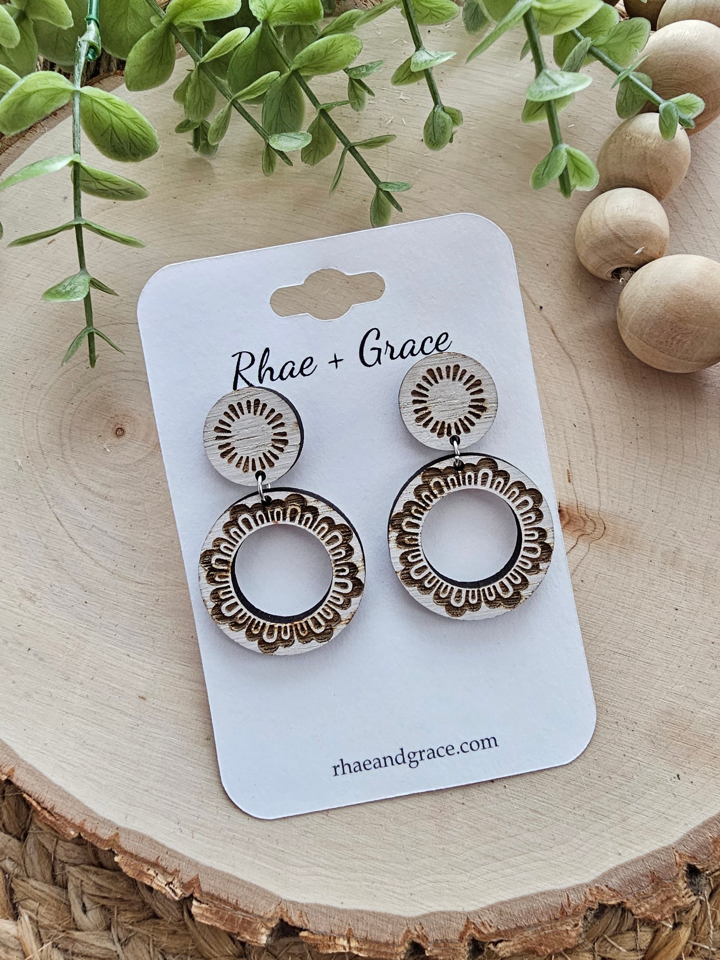 Whitewashed Art Deco Wood Hoop Earrings