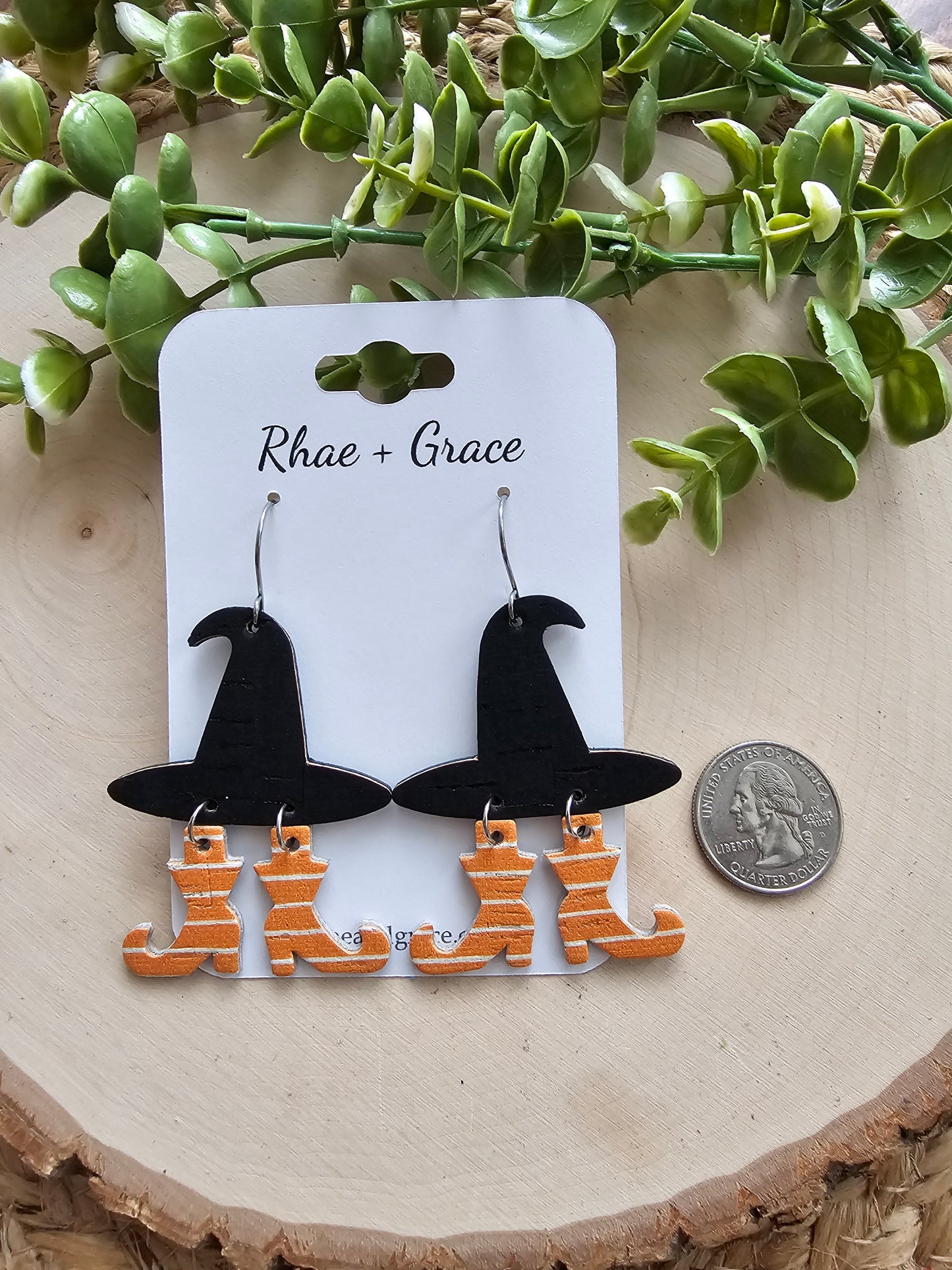 Witch Hat Orange & White Striped Boots Earrings