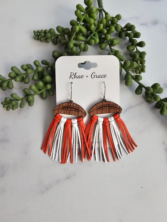 Orange & White Leather Fringe Football Statement Earrings