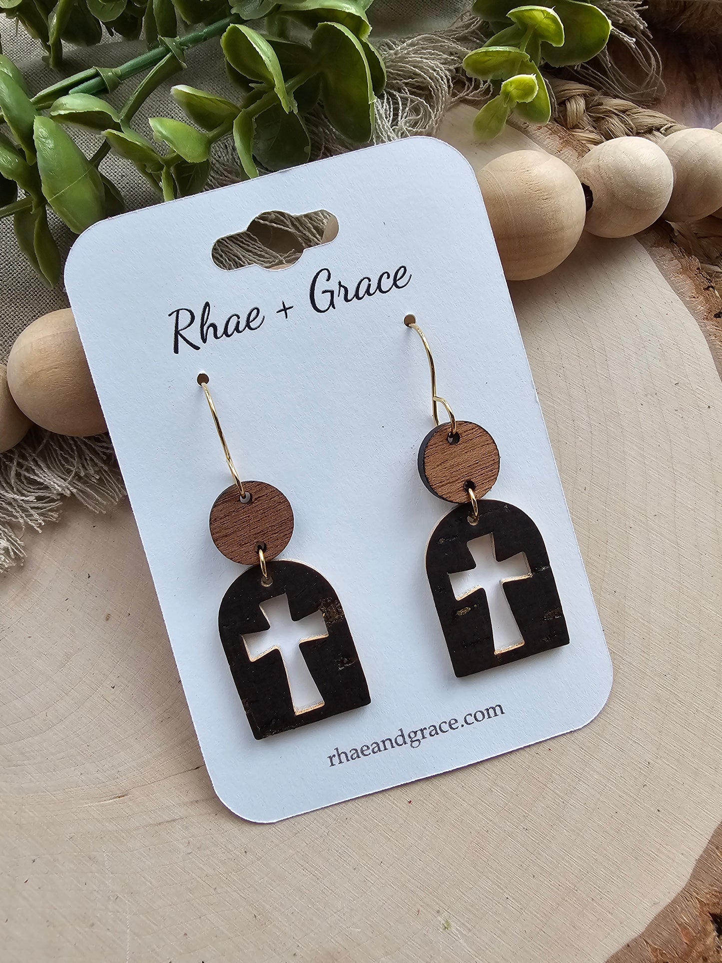 Brown & Gold Cross Cutout Arch Earrings