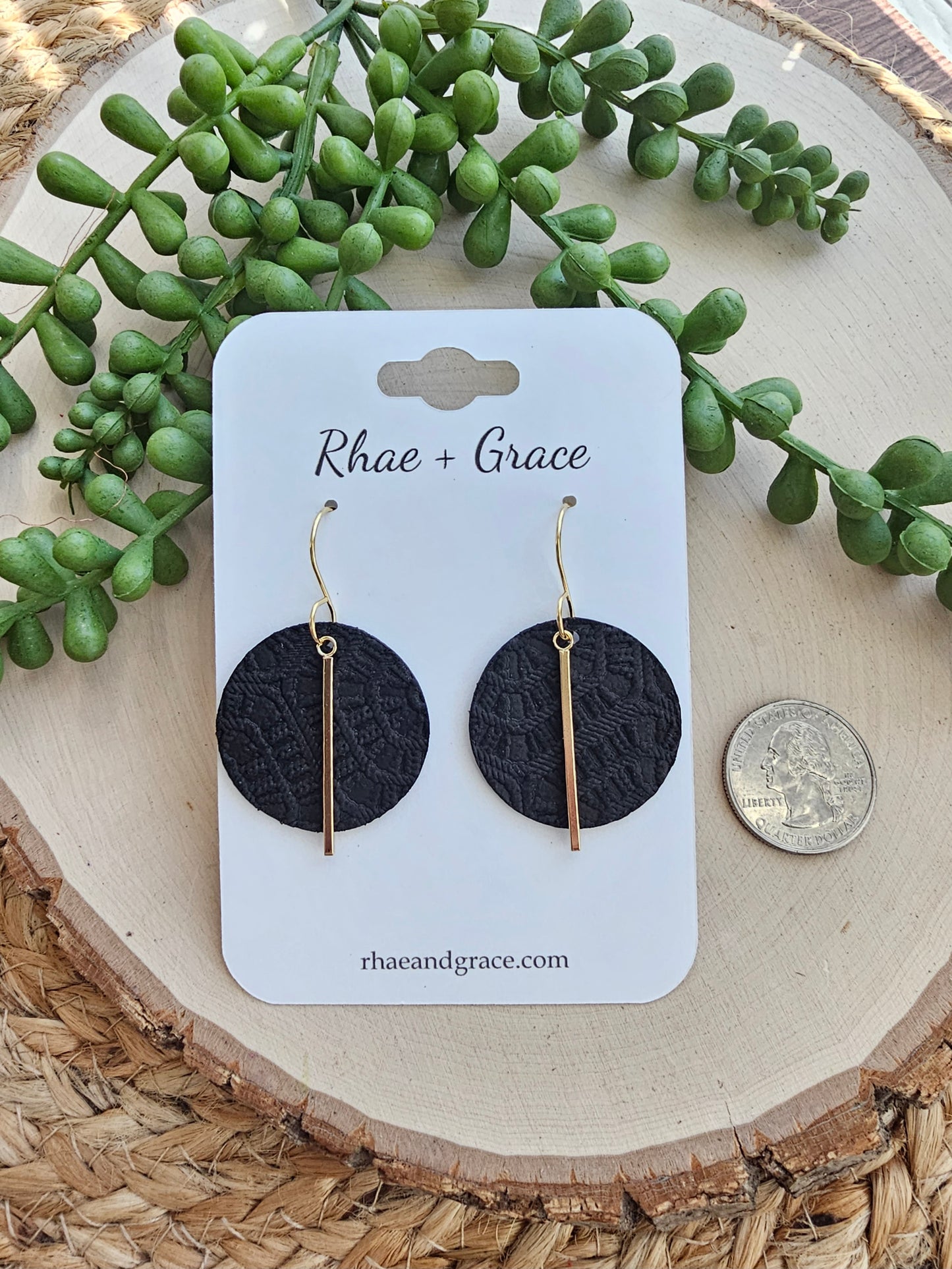 Black & Gold Embossed Circle Drop Earrings